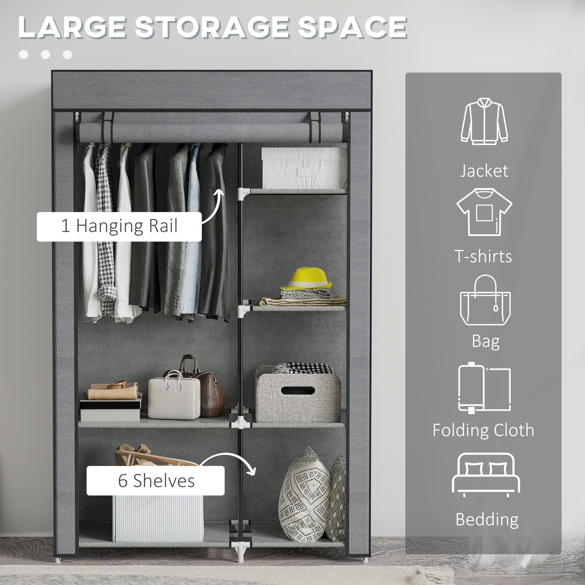 HOMCOM Portable Fabric Wardrobe - 6 Shelves, Hanging Rail | Dark Grey | 103W x 43D x 162.5H cm 3