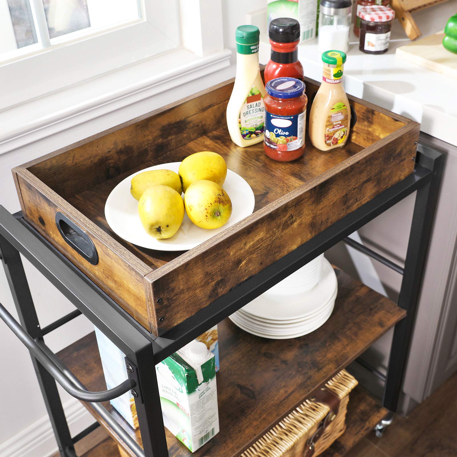 VASAGLE Kitchen Serving Cart with Removable Tray - 3-Tier Utility Cart | Rustic Brown & Black 7