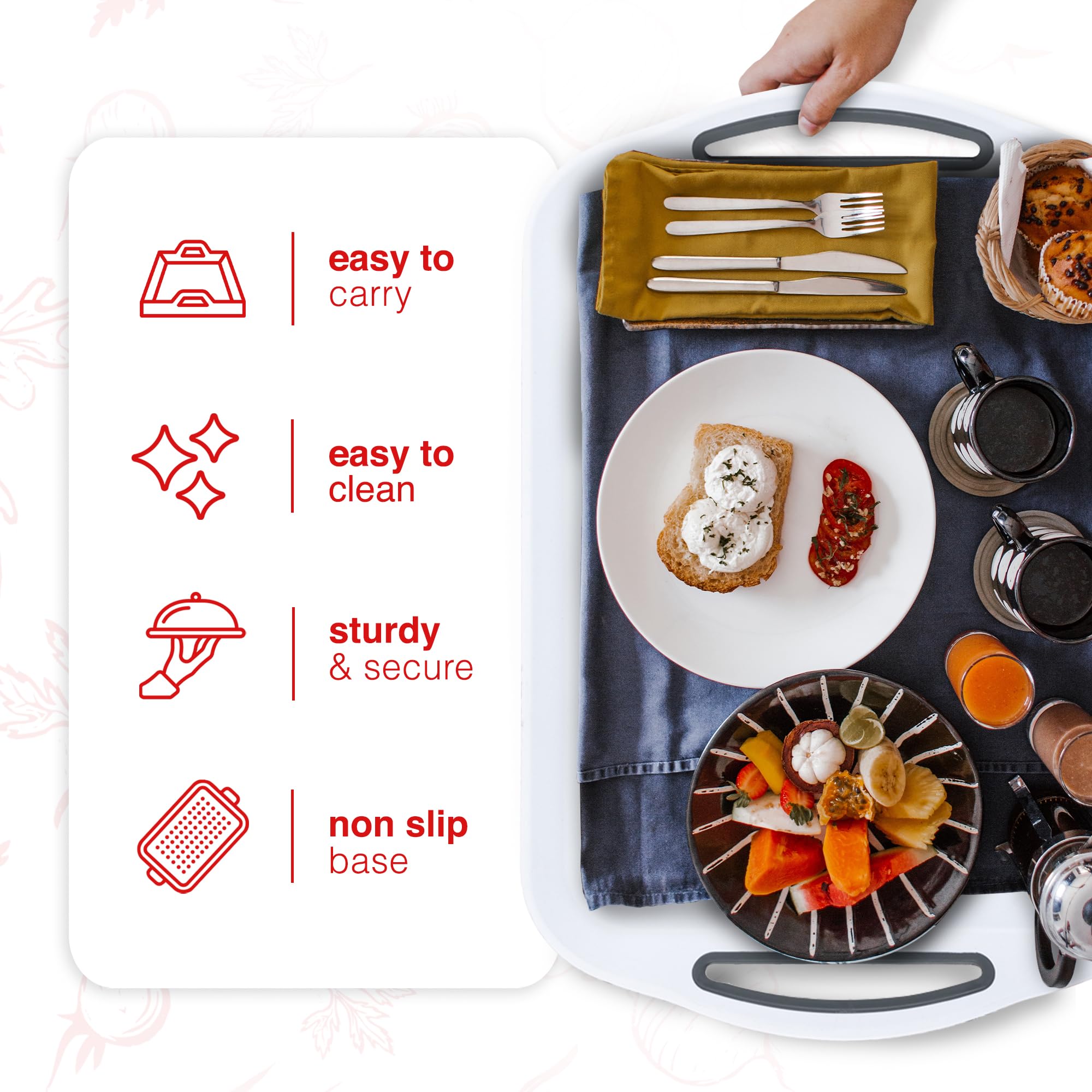 essen 2-Pack Serving Tray Set - Non-Slip Grip Handles, Stable Dining, Dishwasher Safe (Grey/White) 4