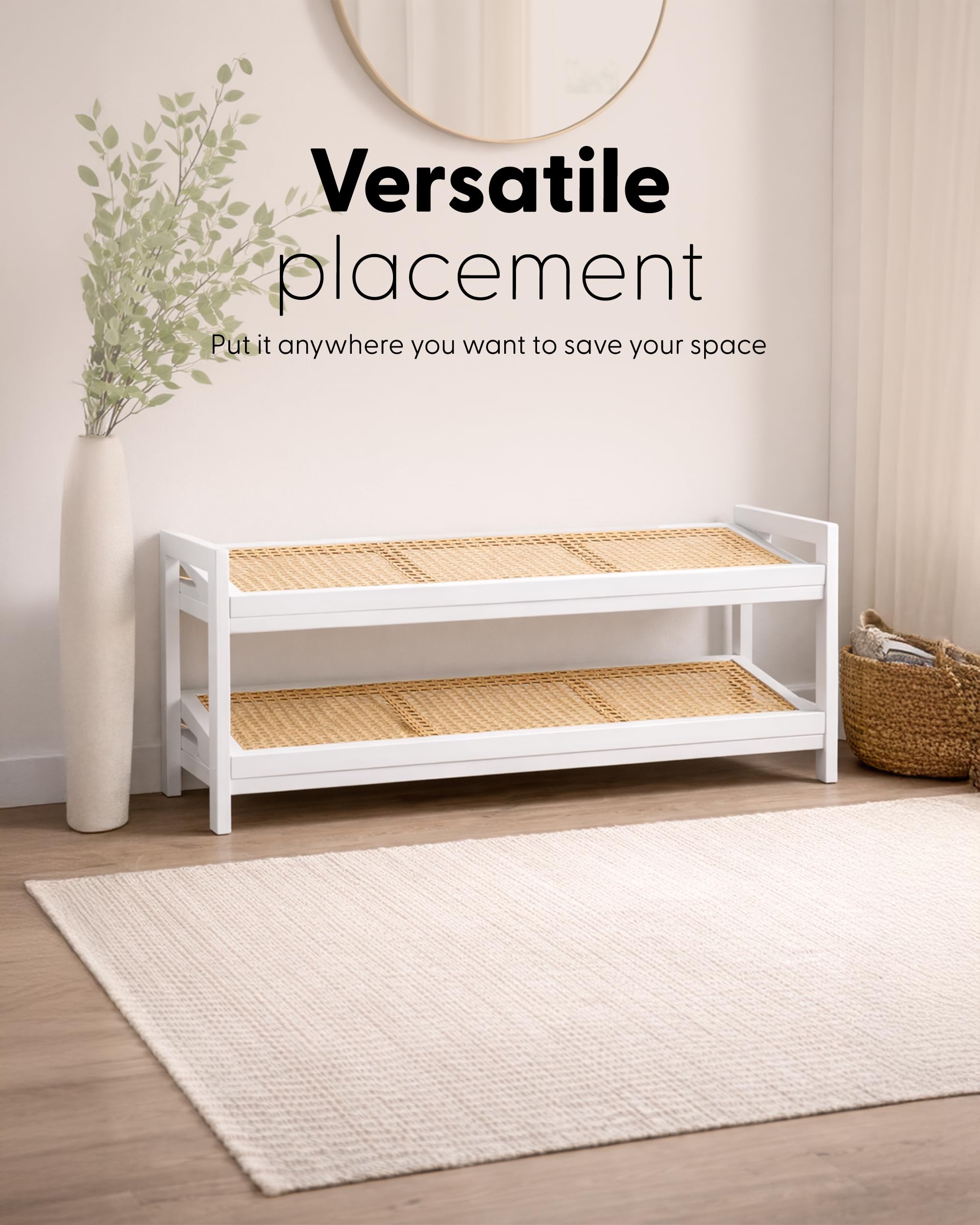 KEPLIN 2 Tier Bamboo and Rattan Shoe Rack - Compact Entryway Storage | 70cm Width | Natural/White 5