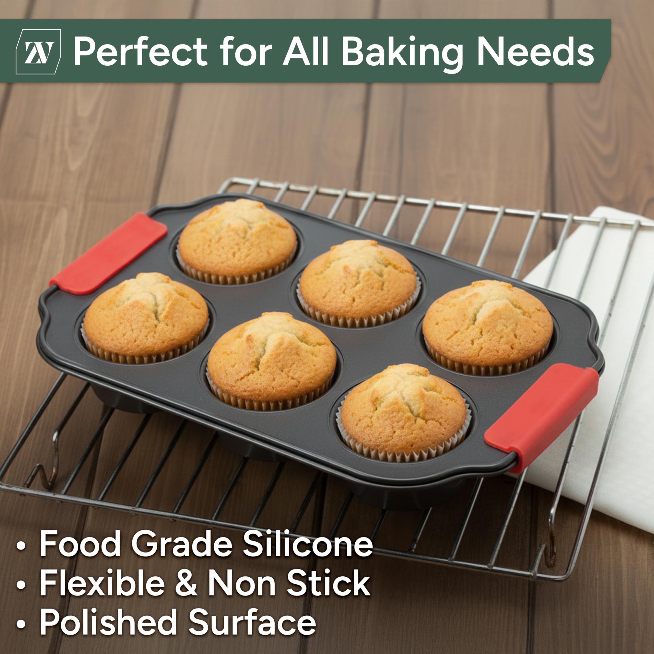 Zuvo Non-Stick 6 Cup Muffin & Cupcake Tin Tray with Silicone Handles | Carbon Steel 6