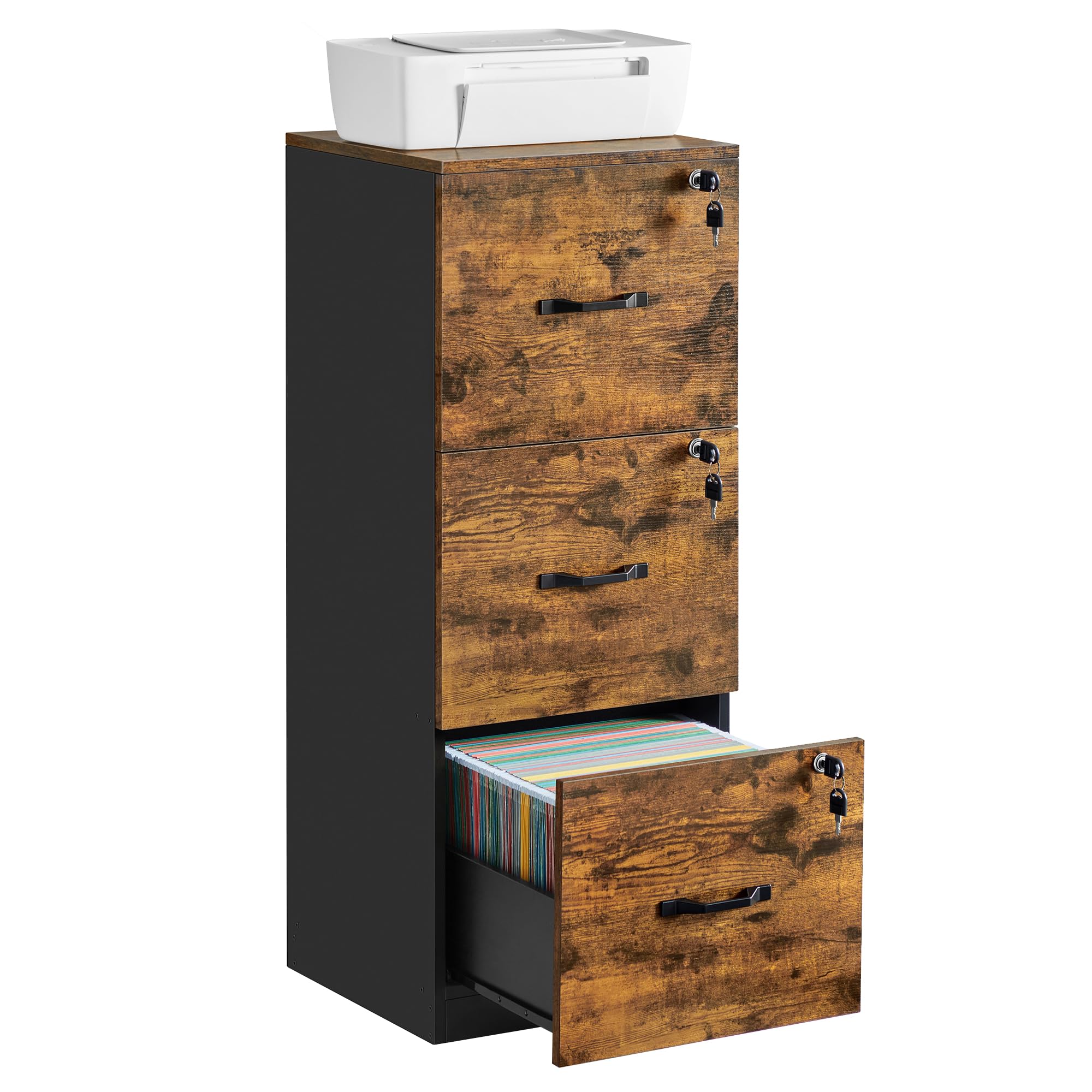 VASAGLE File Cabinet for Home Office - 3 Lockable Drawers | A4 & Letter Size | Rustic Brown/Ink Black | OFC055B01