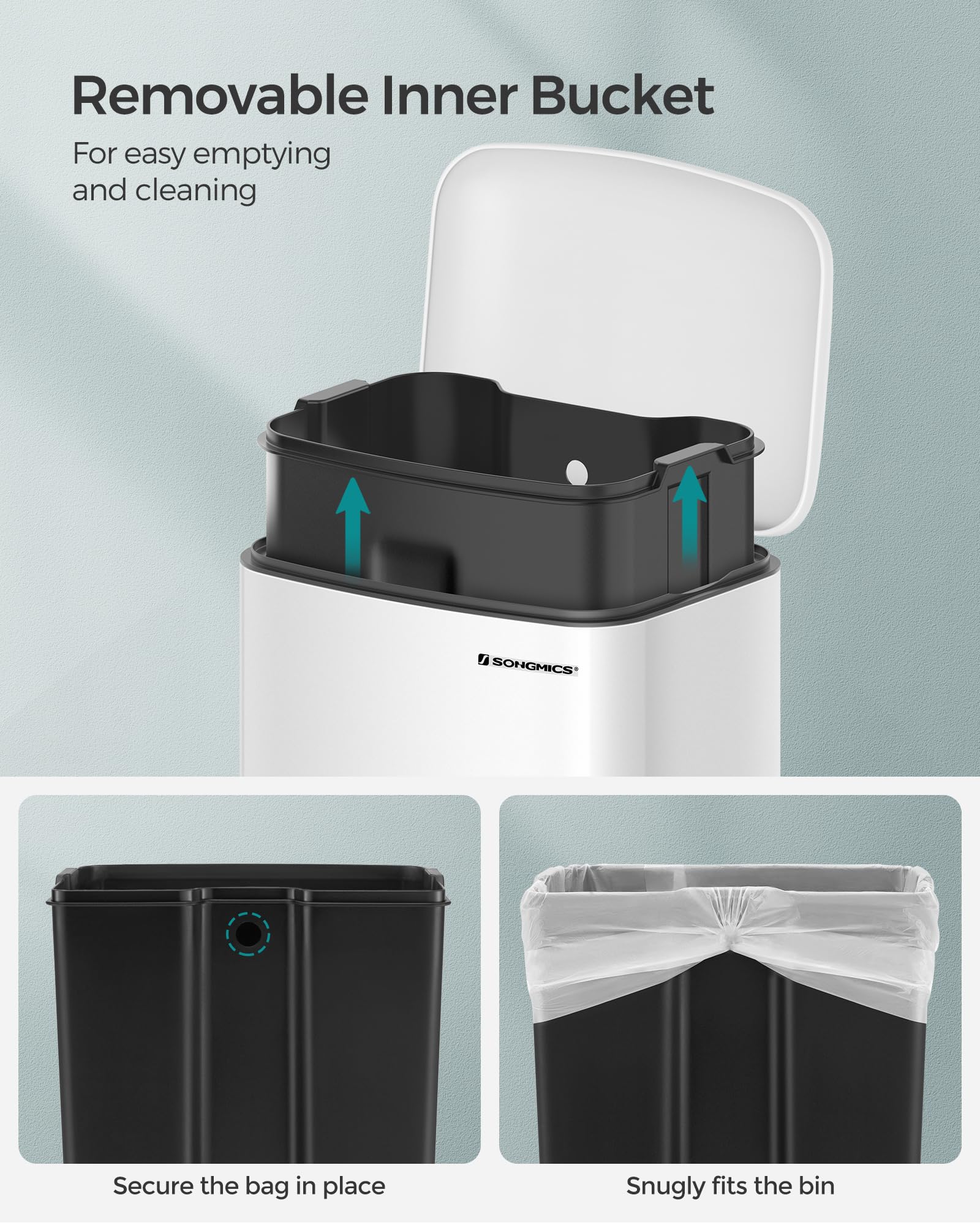 SONGMICS Kitchen Bin - 30L Capacity | Steel Pedal Bin with Soft Close Lid | White 5