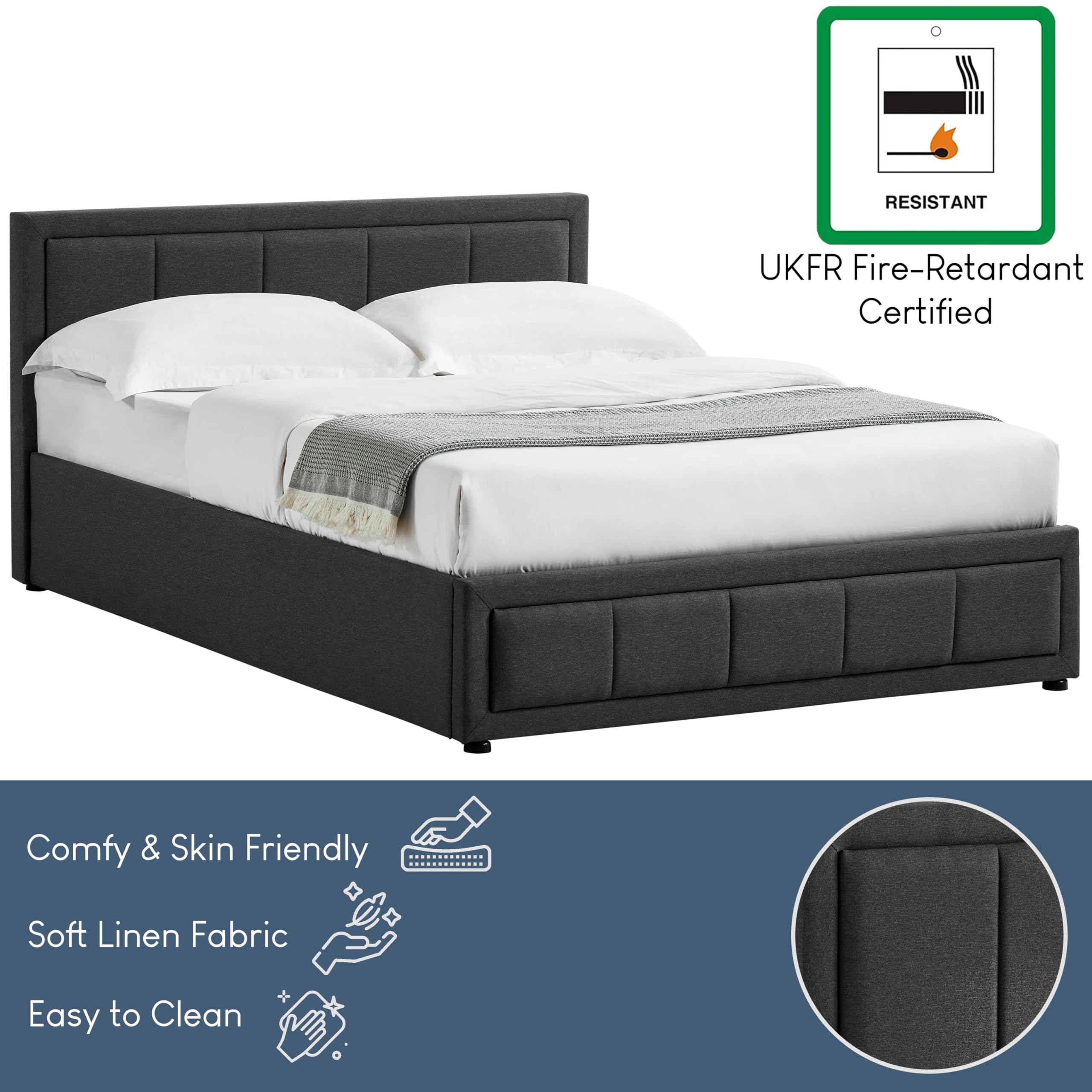 Vida Designs Vanita Double Ottoman Fabric Bed Frame - Dark Grey | Linen Upholstery | Storage 8