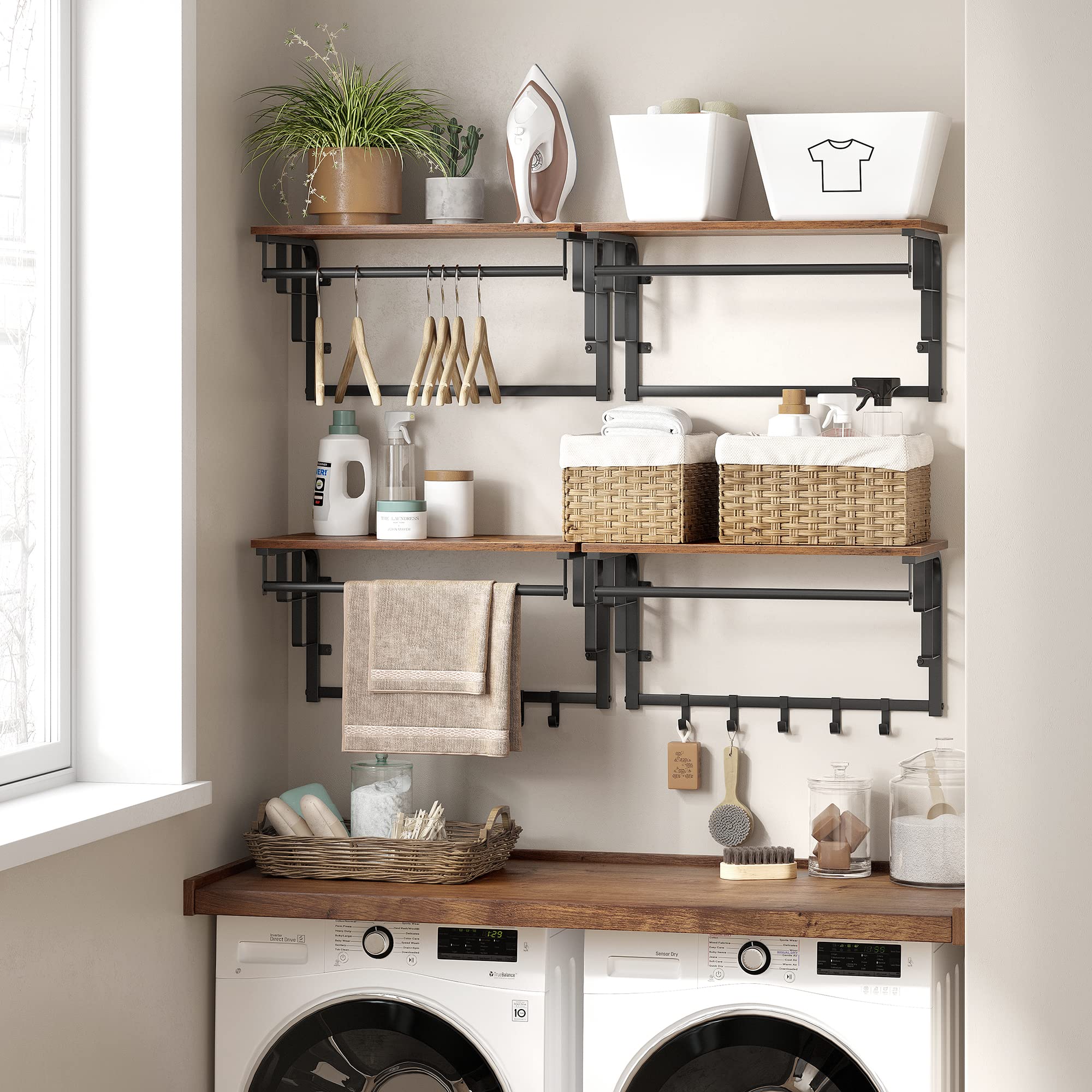 VASAGLE Wall Coat Rack with Shelf, Rod, and 5 Hooks | Rustic Brown + Black | 15kg Shelf Capacity 8