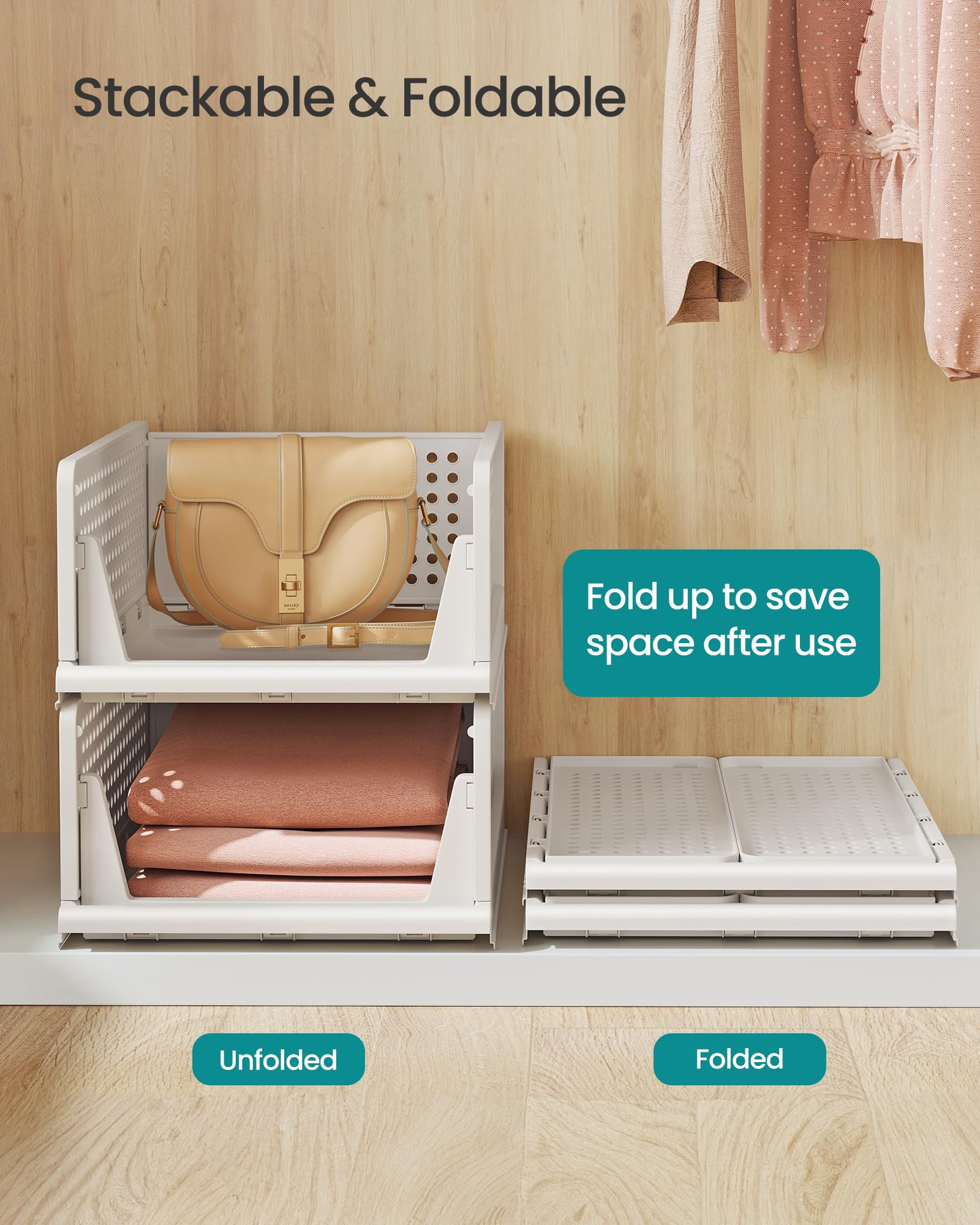 SONGMICS Set of 4 Stackable Foldable Closet Organiser Baskets | White PP Plastic | 43x33x71cm Total 4