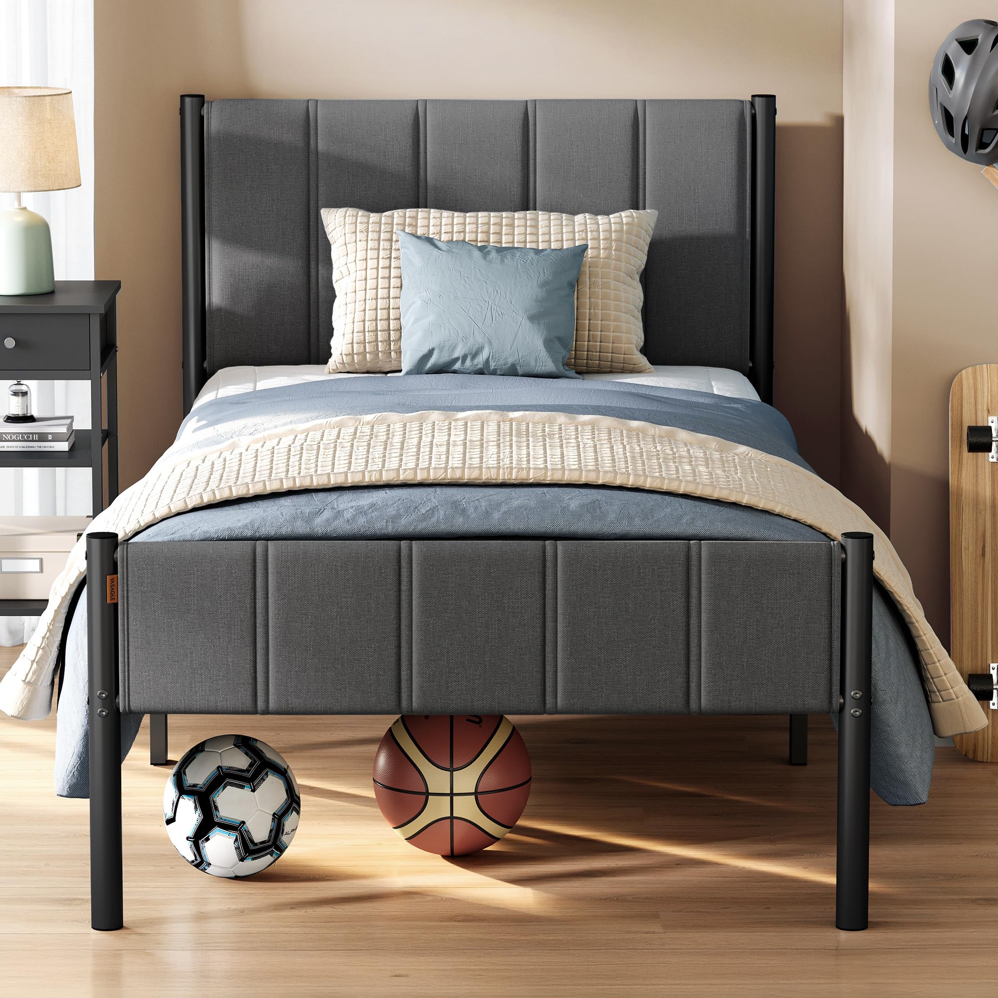 VASAGLE Single Bed Frame 90 x 190 cm with Upholstered Headboard | Slate Grey | Squeak Resistant 1
