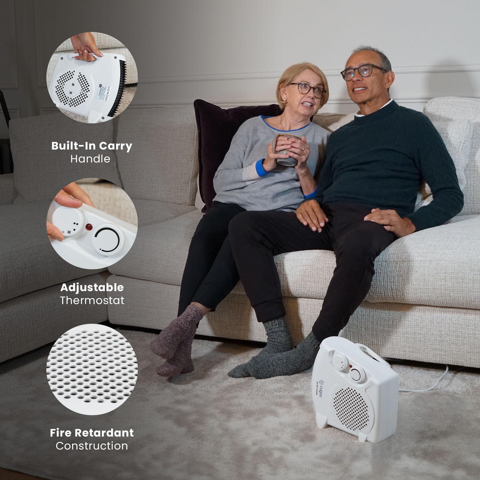 CUQOO 2KW Electric Fan Heater - 2 Heat Settings (1000W/2000W) & Cool Function | White Upright 5