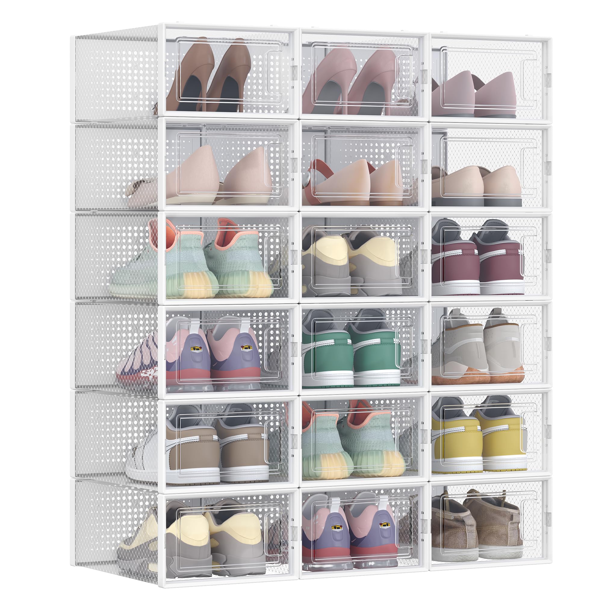 SONGMICS Shoe Boxes - Pack of 18 Stackable Storage Organisers | Transparent/White | Fits up to UK Size 11 1