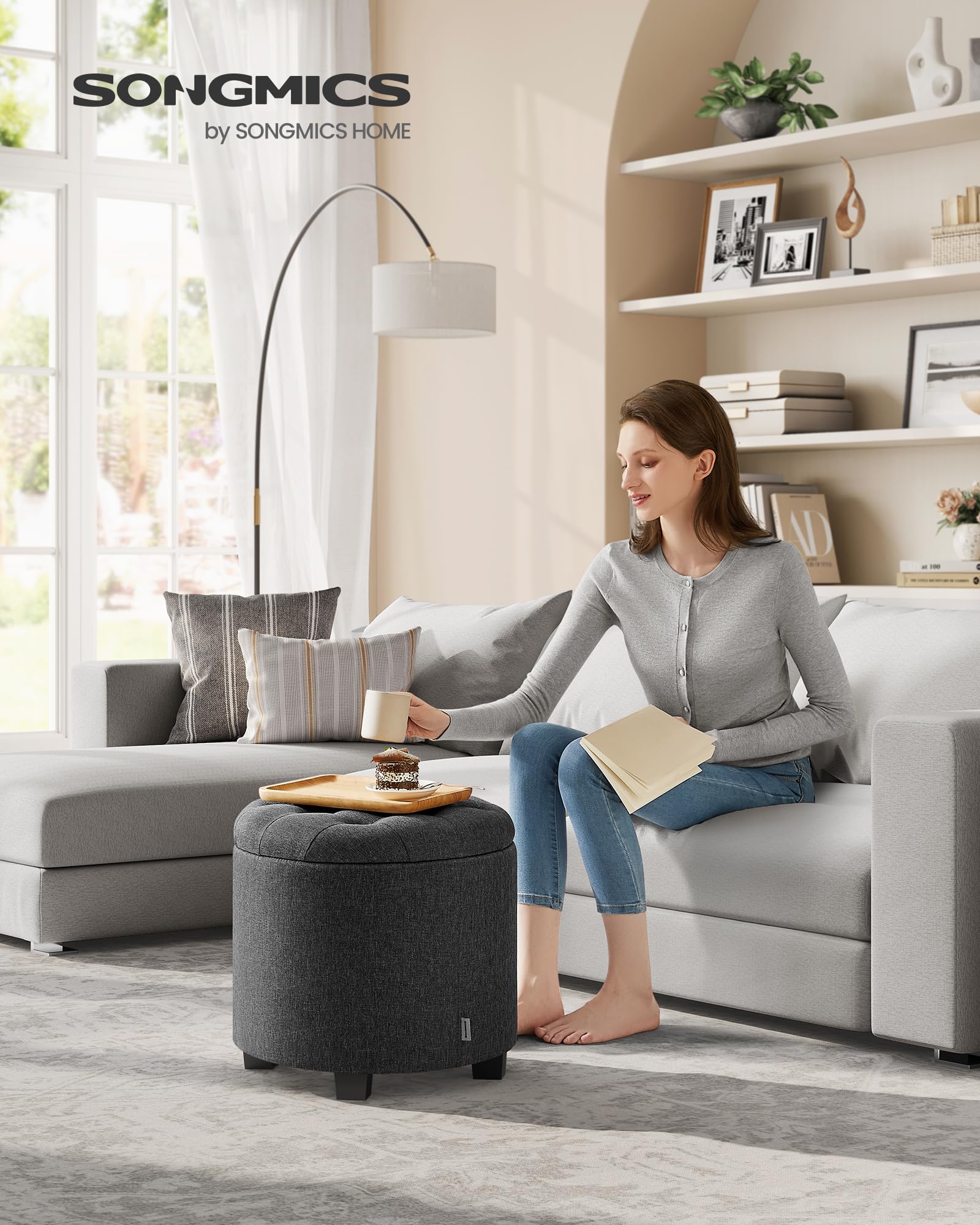 SONGMICS Round Storage Ottoman - Dark Grey Linen-Look | Supports 150 kg | 45 x 45 x 44.5 cm 2