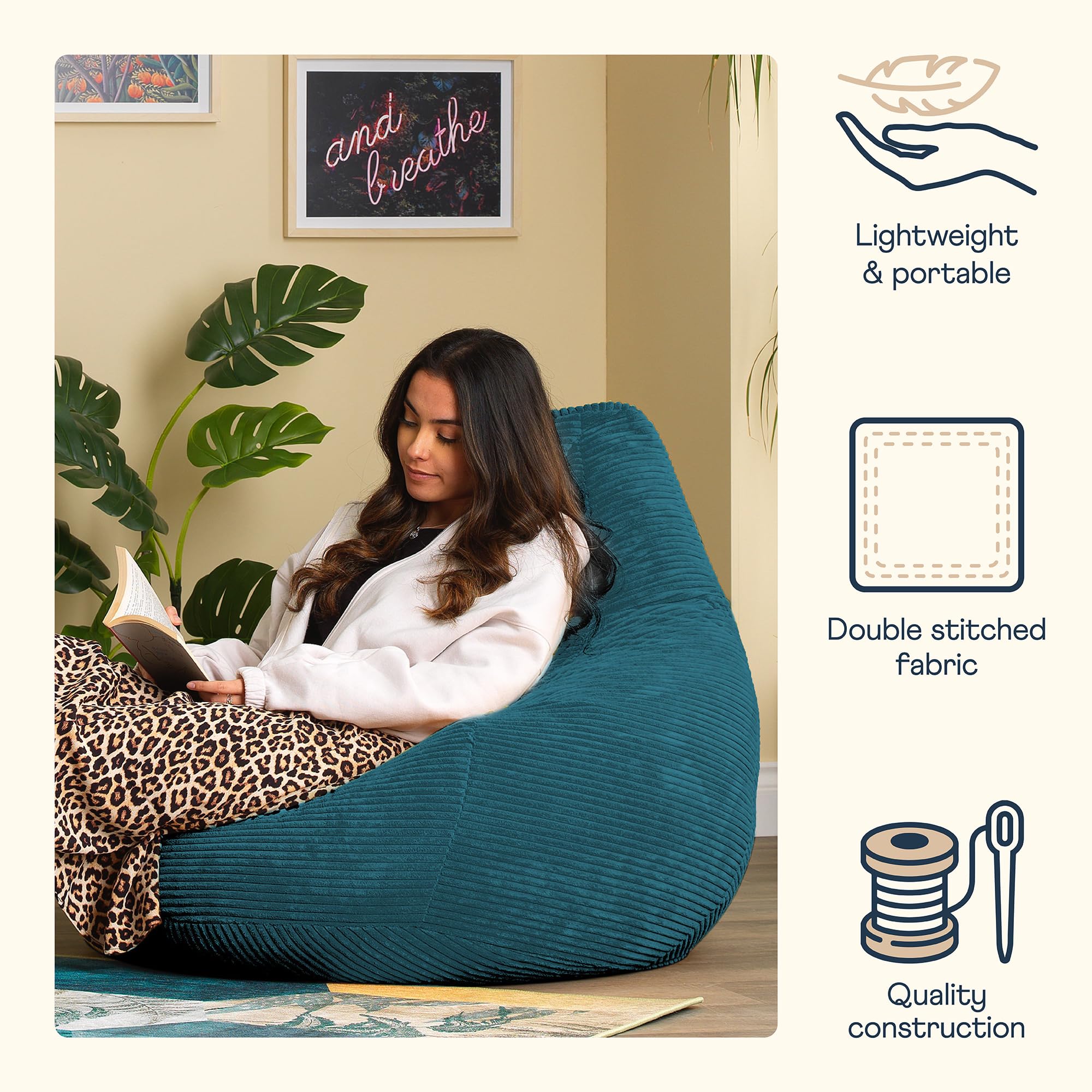 icon Dalton Cord Bean Bag Chair - Supportive Recliner Shape | Teal Green | Large Adult Size 5