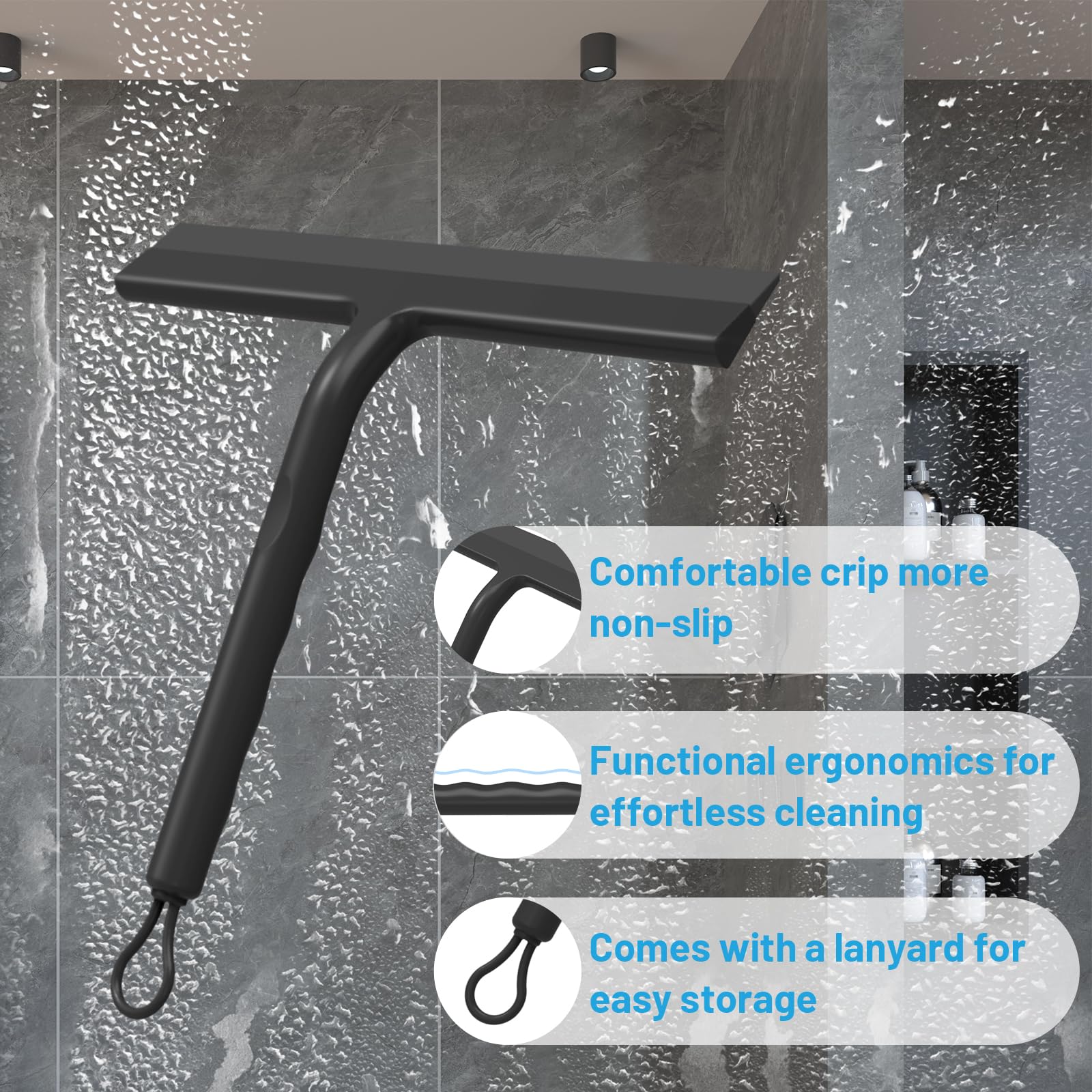 MOXYOY Shower Squeegee - Rust-Resistant Silicone Blade | Black | 23L x 19W cm 3