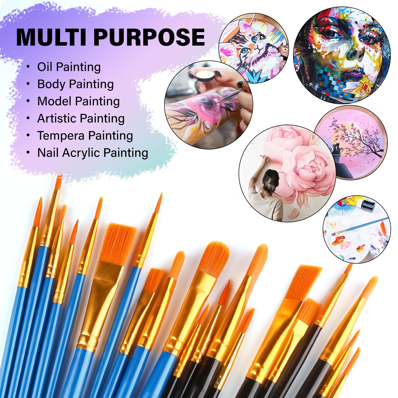 Admygo 20 PCS Nylon Hair Paint Brushes Set - Flat, Round, Filbert Tips for Watercolor, Oil 3