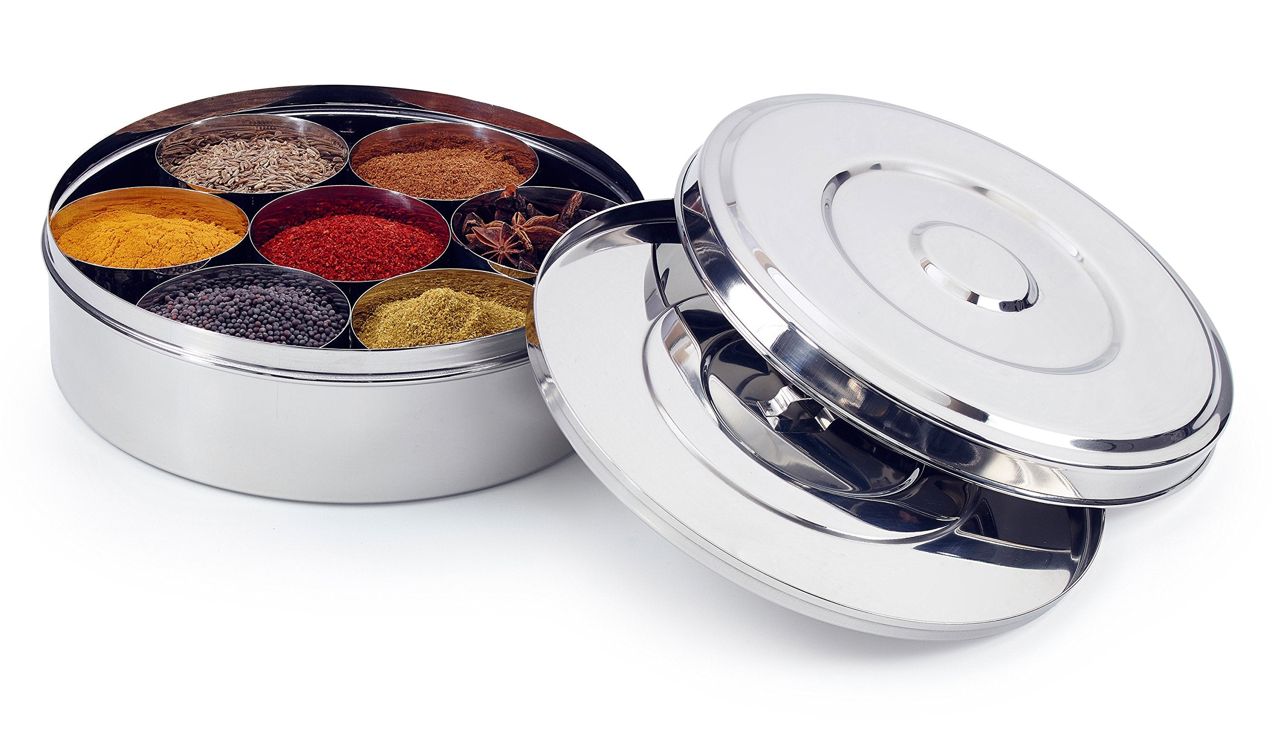 Zinel 7117 Stainless Steel Spice Box/Masala Dabba with 7 Compartments and 2 Lids | 24 cm Round 1