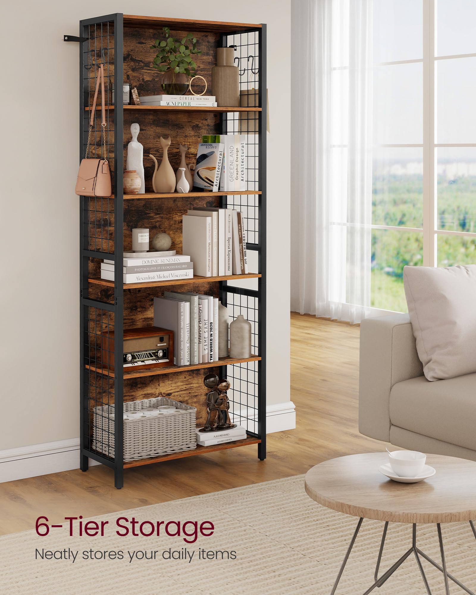 VASAGLE 6-Tier Bookcase with 4 Hooks | Rustic Brown & Ink Black | 30 x 60 x 175.6 cm 4