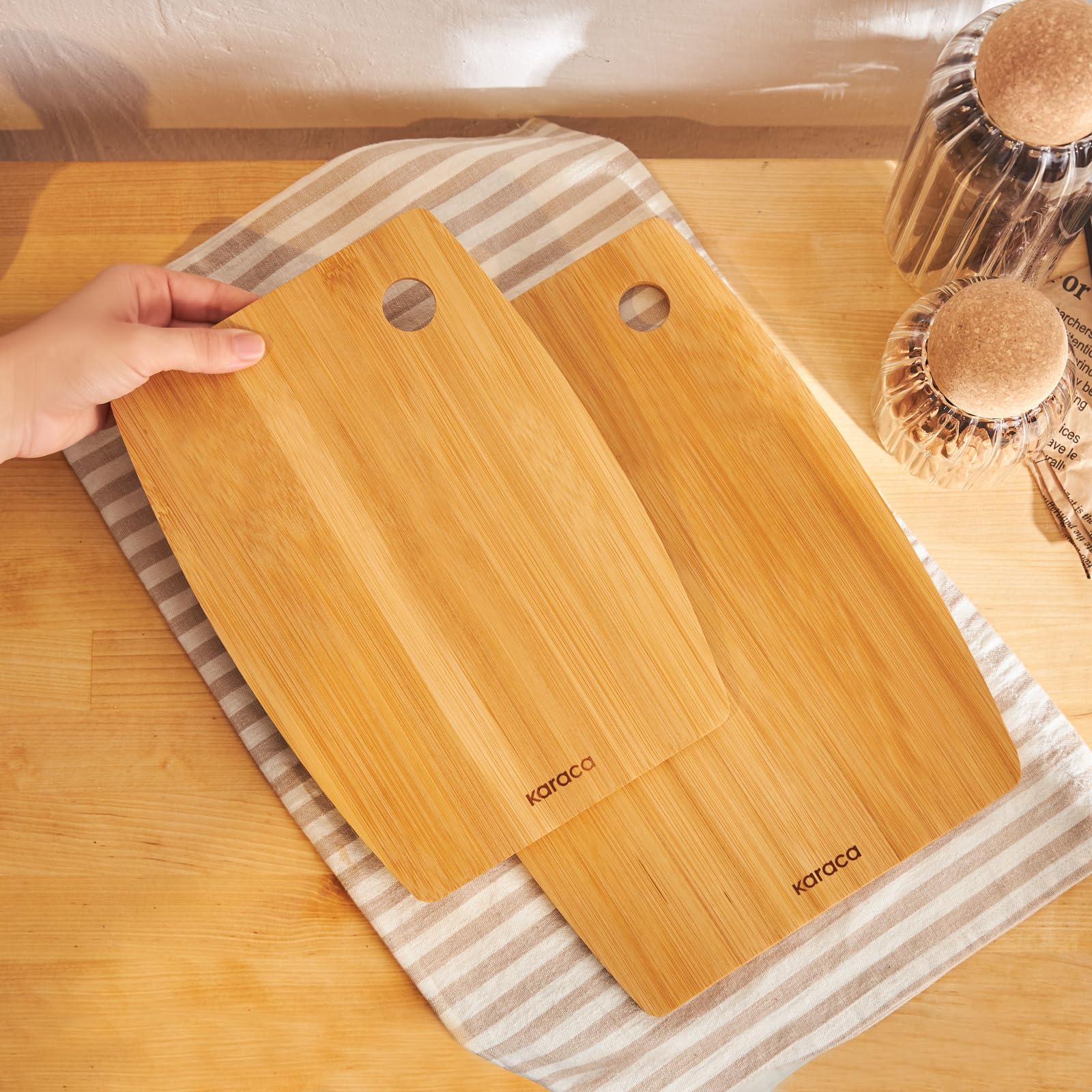KARACA Bade Bamboo Chopping Board Set - 2-Piece Wooden Cutting Board, Large & Small 4