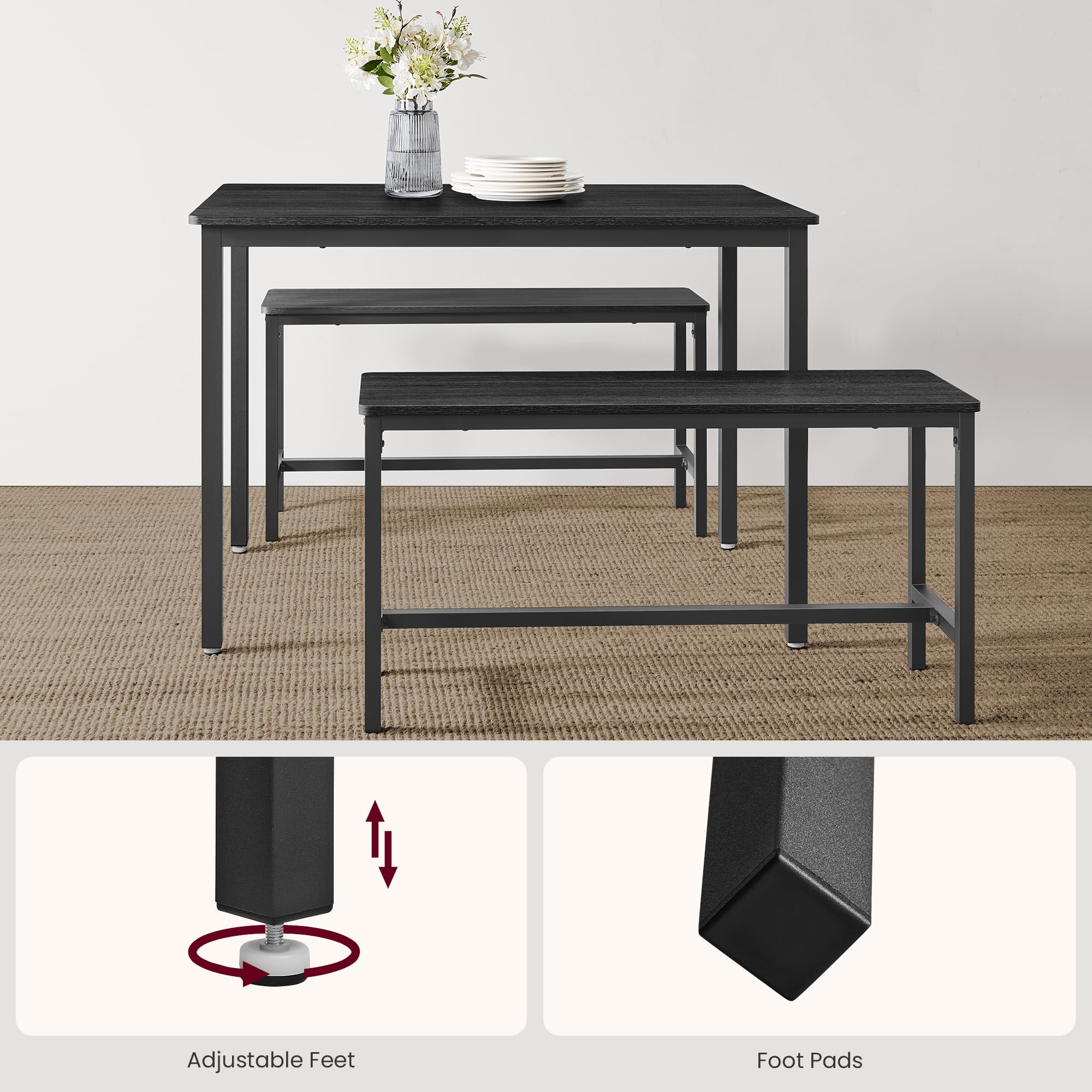 VASAGLE 3 Piece Dining Table Set with 2 Benches | Industrial Design | Seats 4 | Charcoal Grey & Ink Black 7