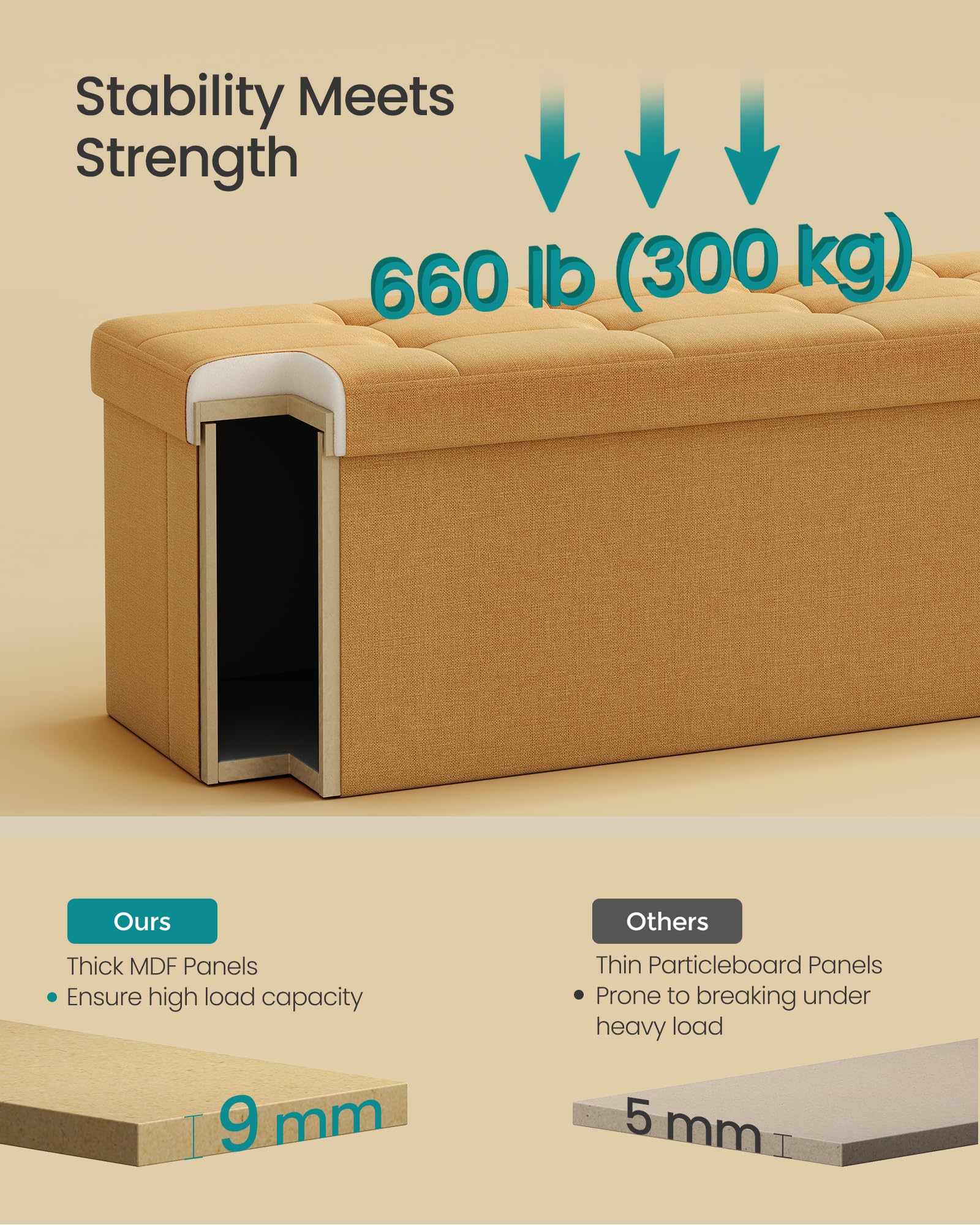 SONGMICS MAZIE Storage Ottoman Bench - 110 cm Folding Foot Rest | 131L Capacity | 300 kg Load | Ginger 5