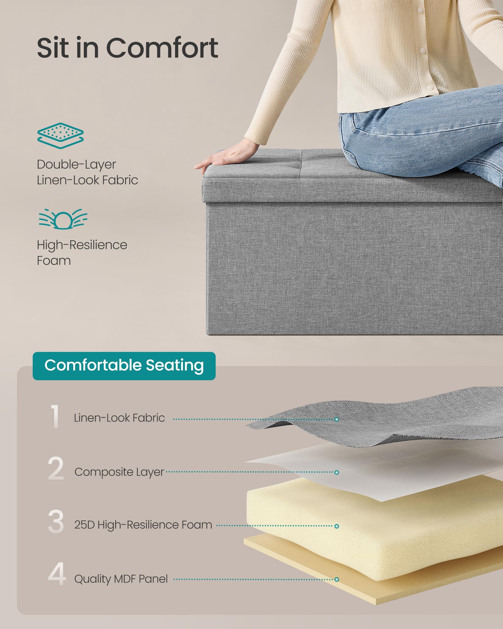 SONGMICS MAZIE Storage Ottoman Bench - 110 cm Folding Foot Rest | 131L Capacity | Light Grey 6