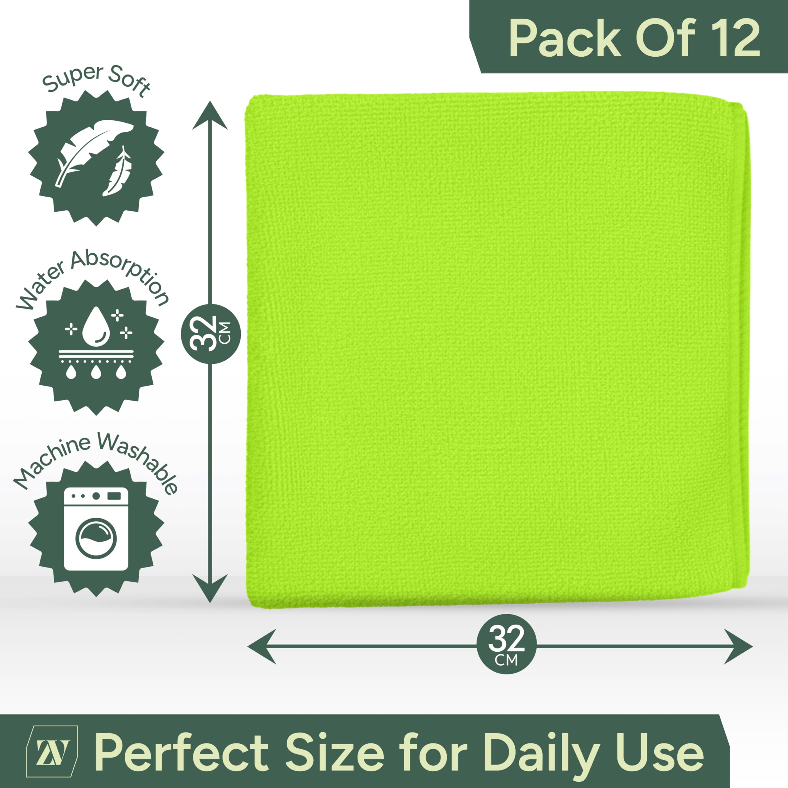 Zuvo Microfiber Cloths - Pack of 12, 32x32 cm, Ultra-Soft, Highly Absorbent, Green 2