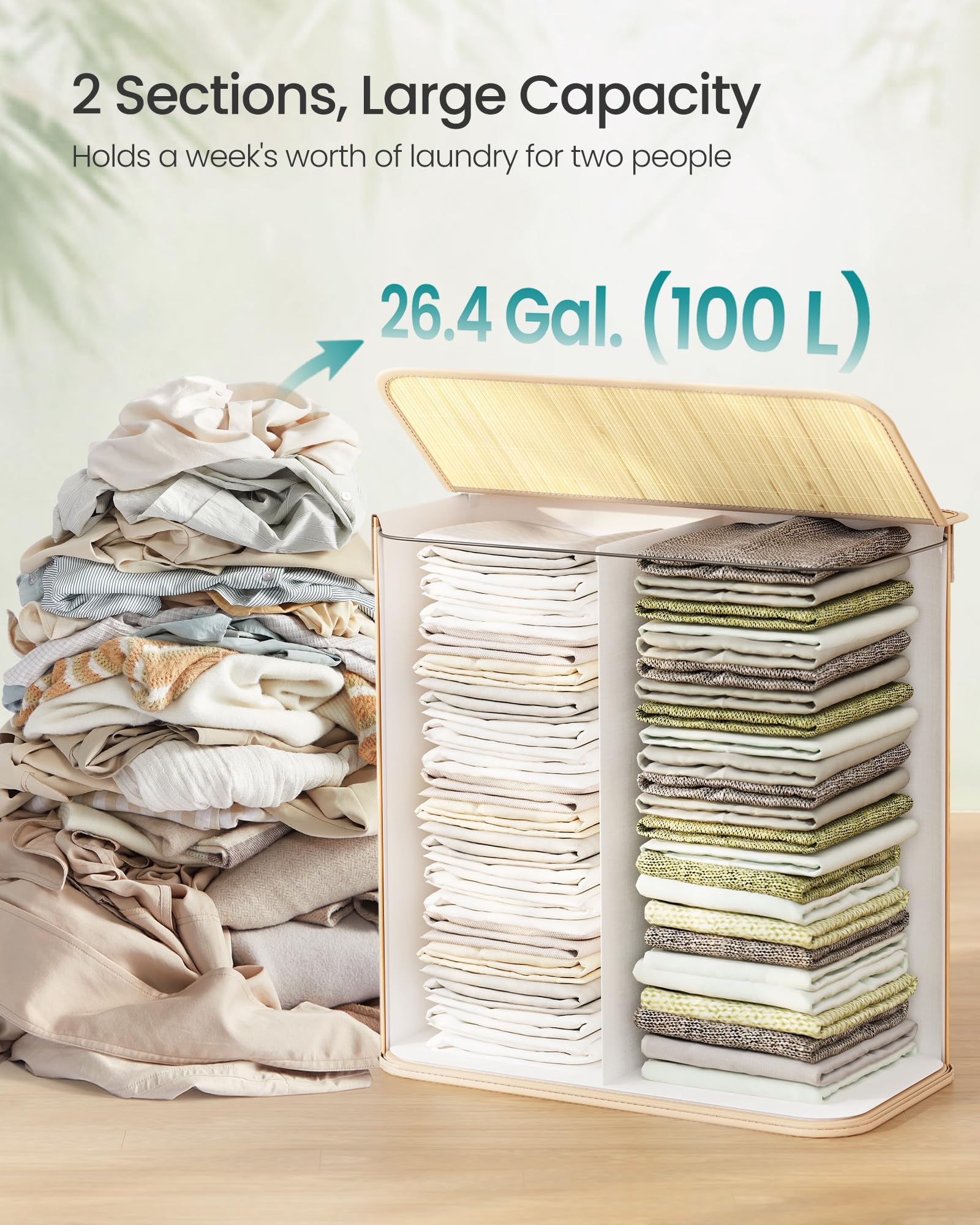 SONGMICS 100L Bamboo Laundry Basket with 2 Compartments | Foldable | Removable Washable Liner 4