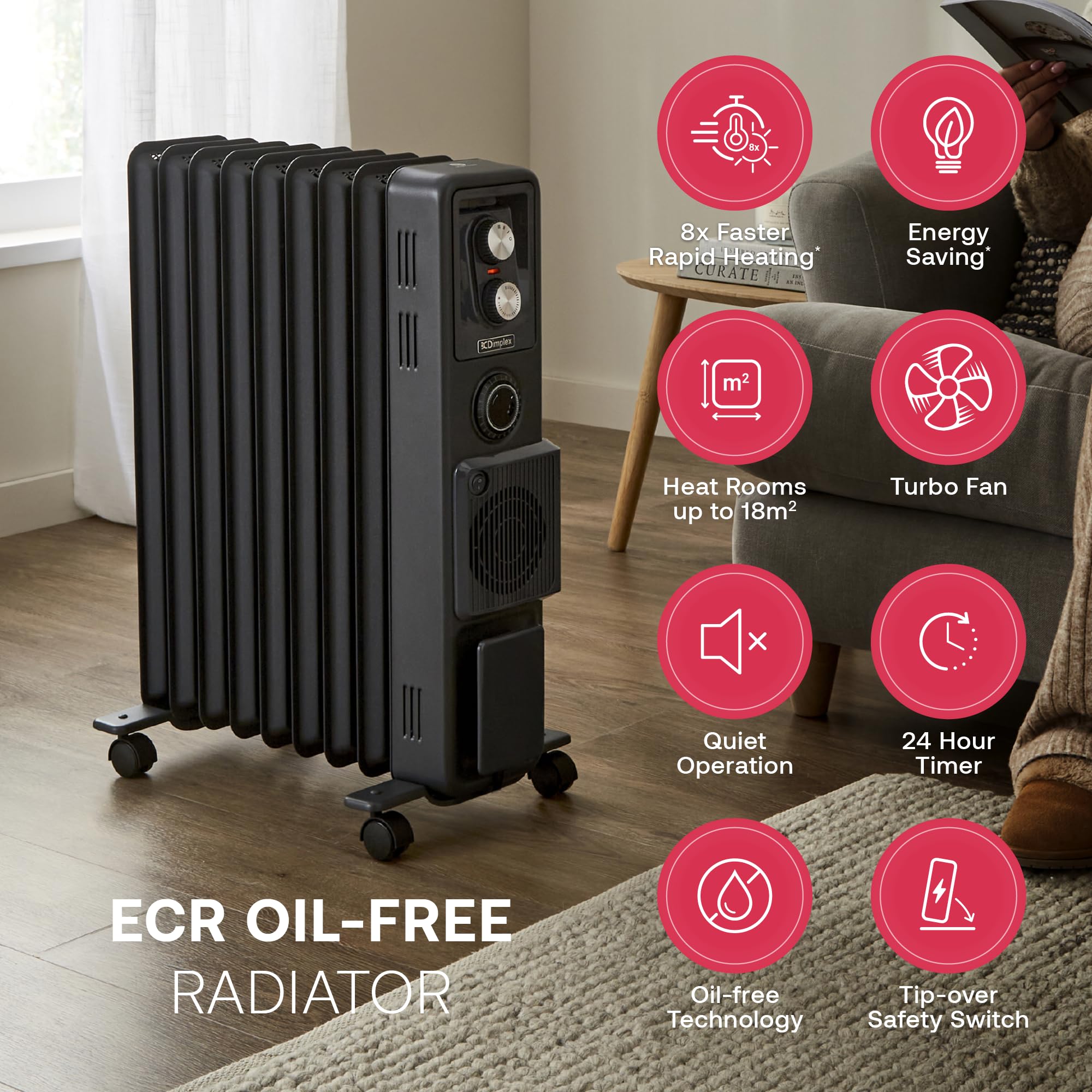 Dimplex ECR24TiFB Oil-Free Radiator - 2.4kW Turbo Fan Heater | 3 Settings | Black 10