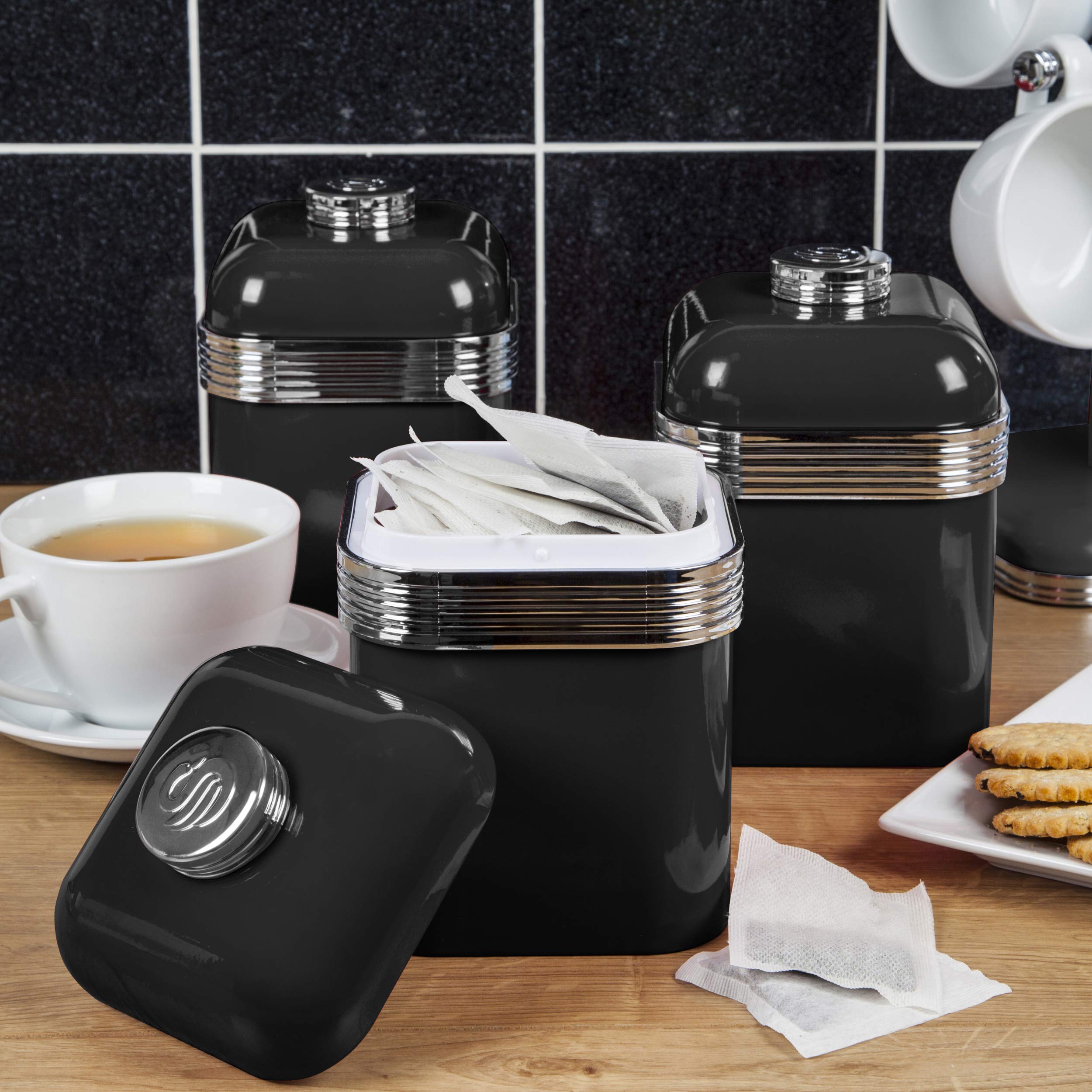 Swan Retro Kitchen Storage Canisters Set of 3 - 1 Litre Capacity | Black Iron | Air Tight 2