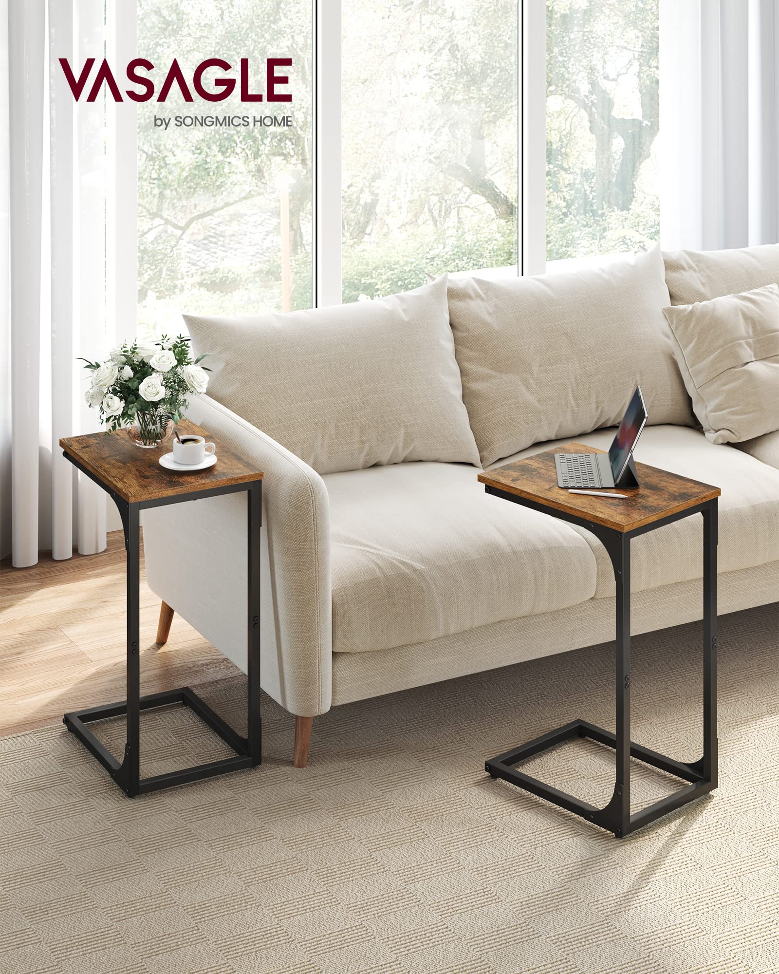 VASAGLE Set of 2 C-Shaped Side Tables - Rustic Brown/Black | 40x30x62 cm | Space Saving 4