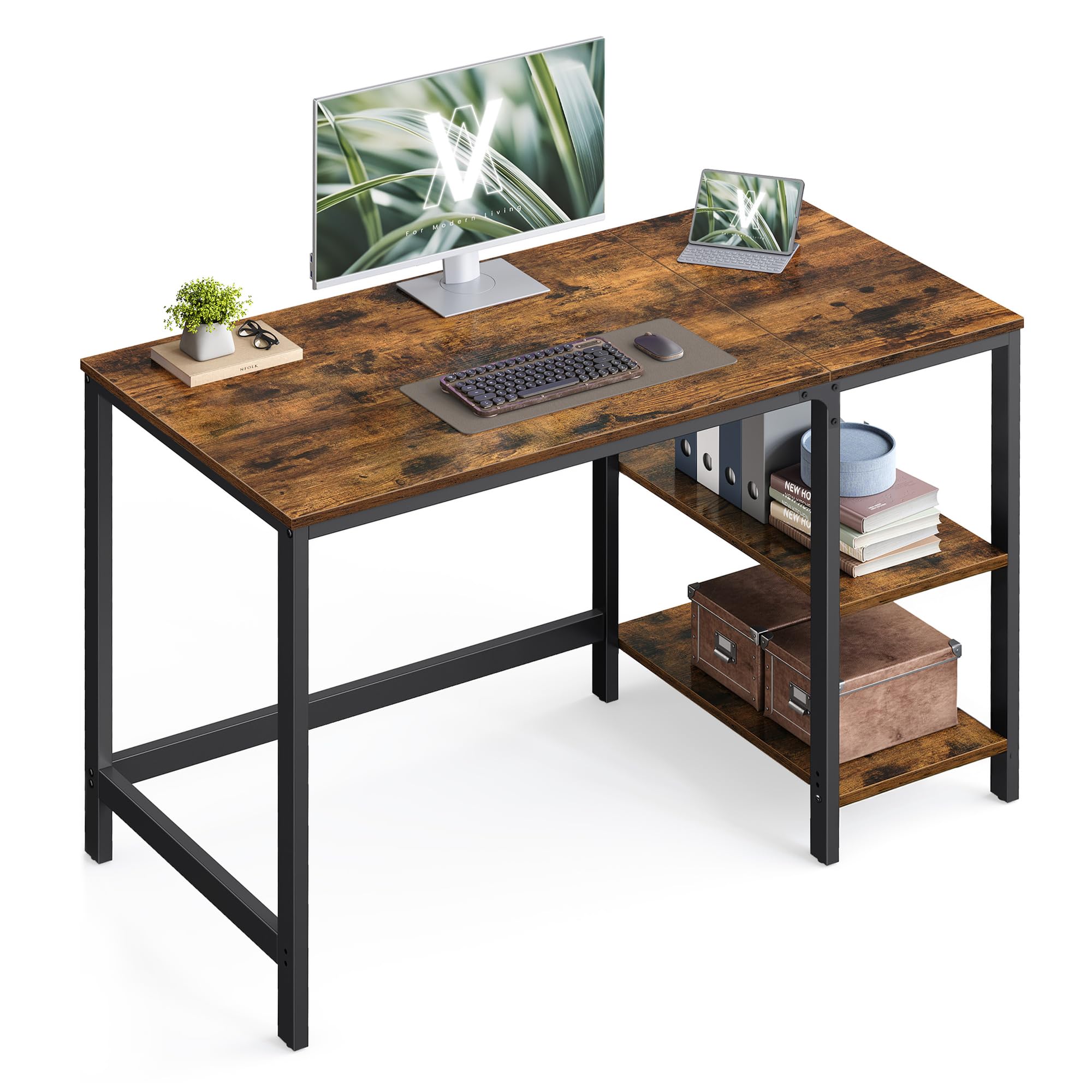 VASAGLE Computer Desk - Writing Desk with 2 Shelves | 120 x 60 cm Desktop | Rustic Brown + Black