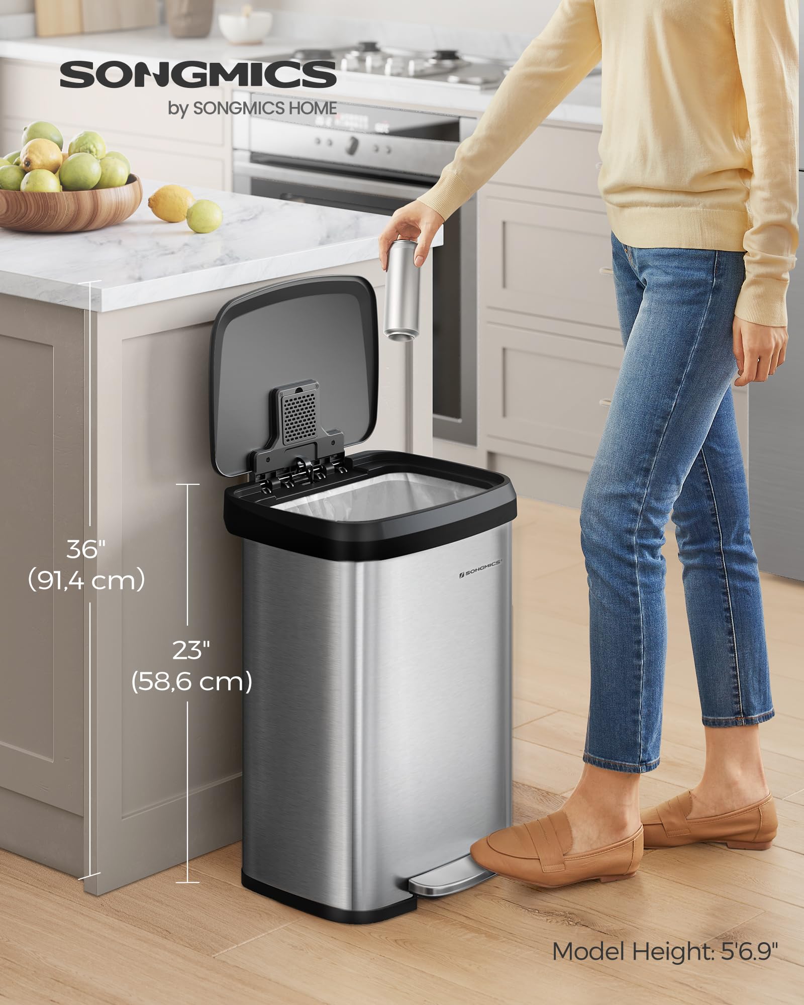 SONGMICS 50L Kitchen Bin - Metal Pedal Waste Bin | Fingerprint-Resistant | Silver + Black 3
