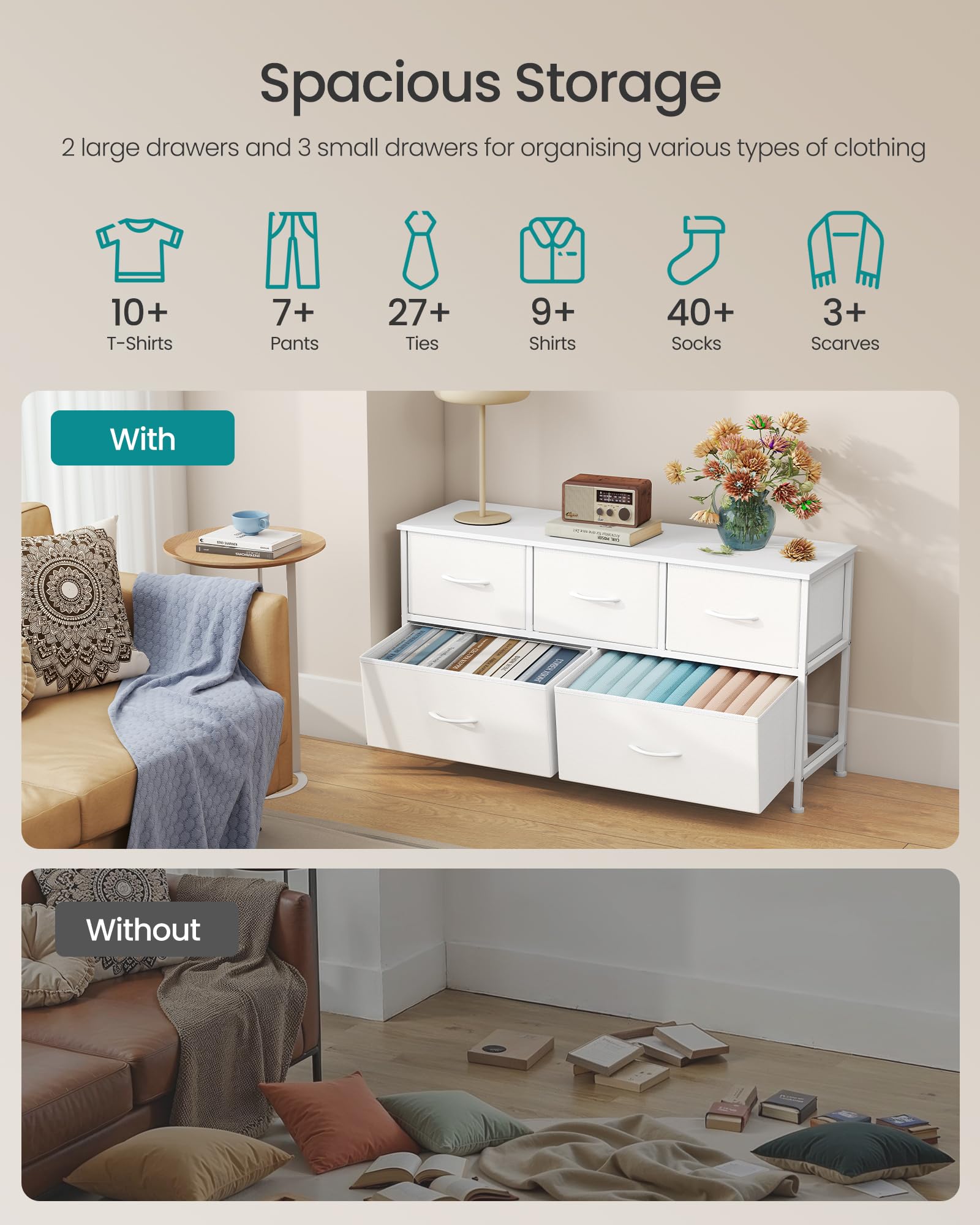 SONGMICS Chest of Drawers - 5 Storage Drawers | Steel Frame | Cloud White + Snow White 4