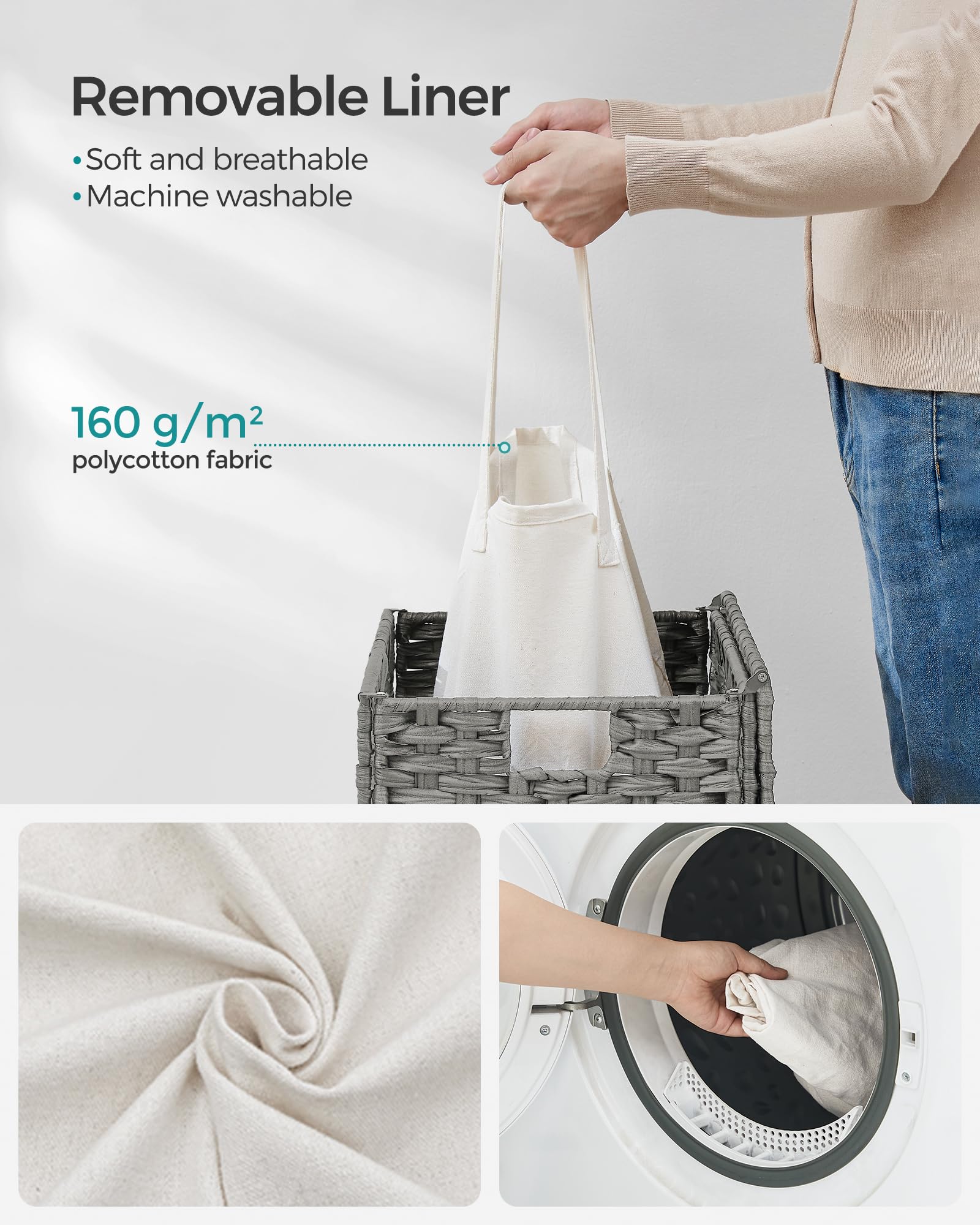 SONGMICS 90L Foldable Laundry Basket with Lid and Removable Bag | Grey | 46x33x60cm 6