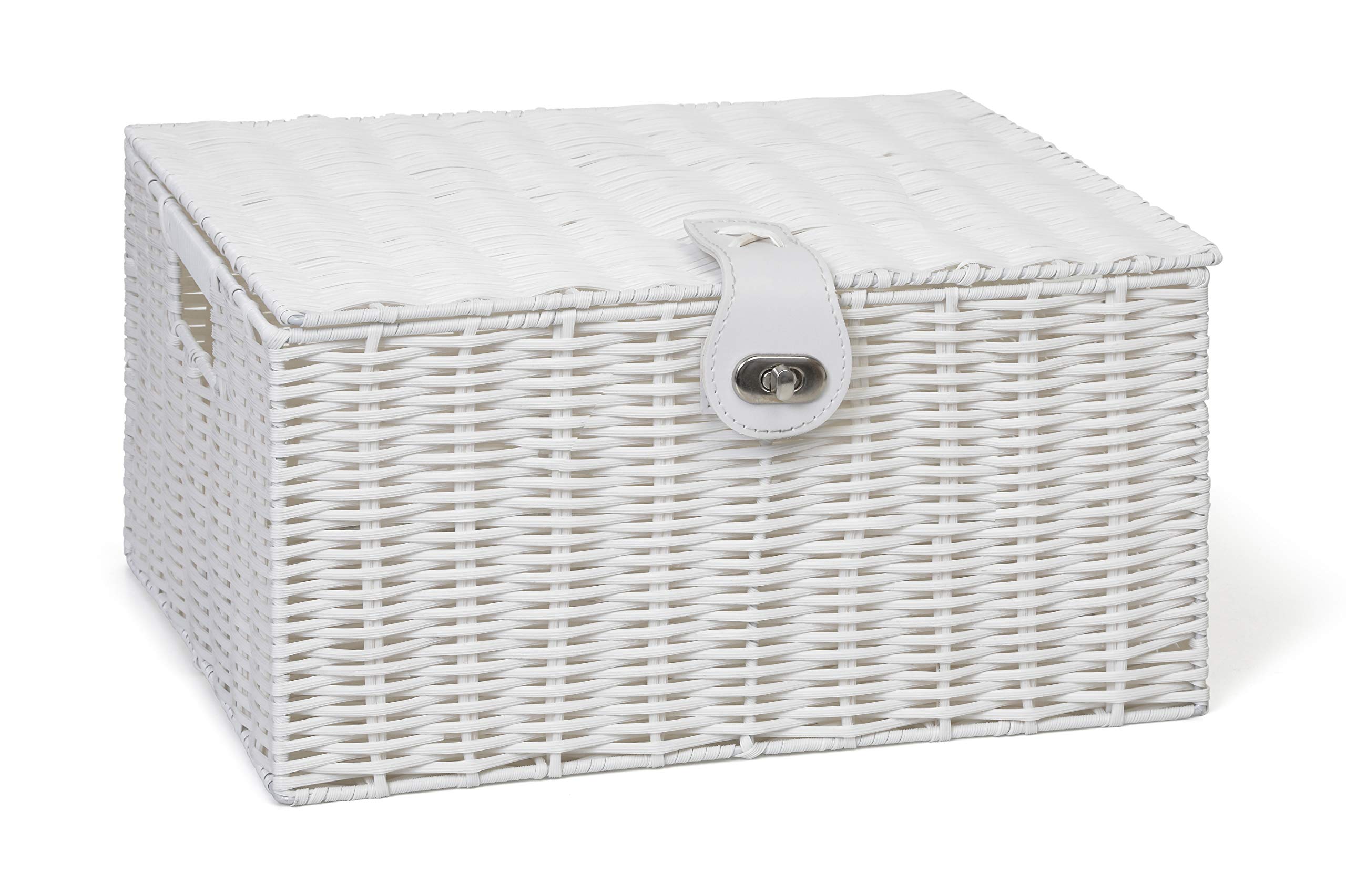 ARPAN Large White Resin Woven Shelf Basket with Lid and Lock | W36cm x D28cm 1