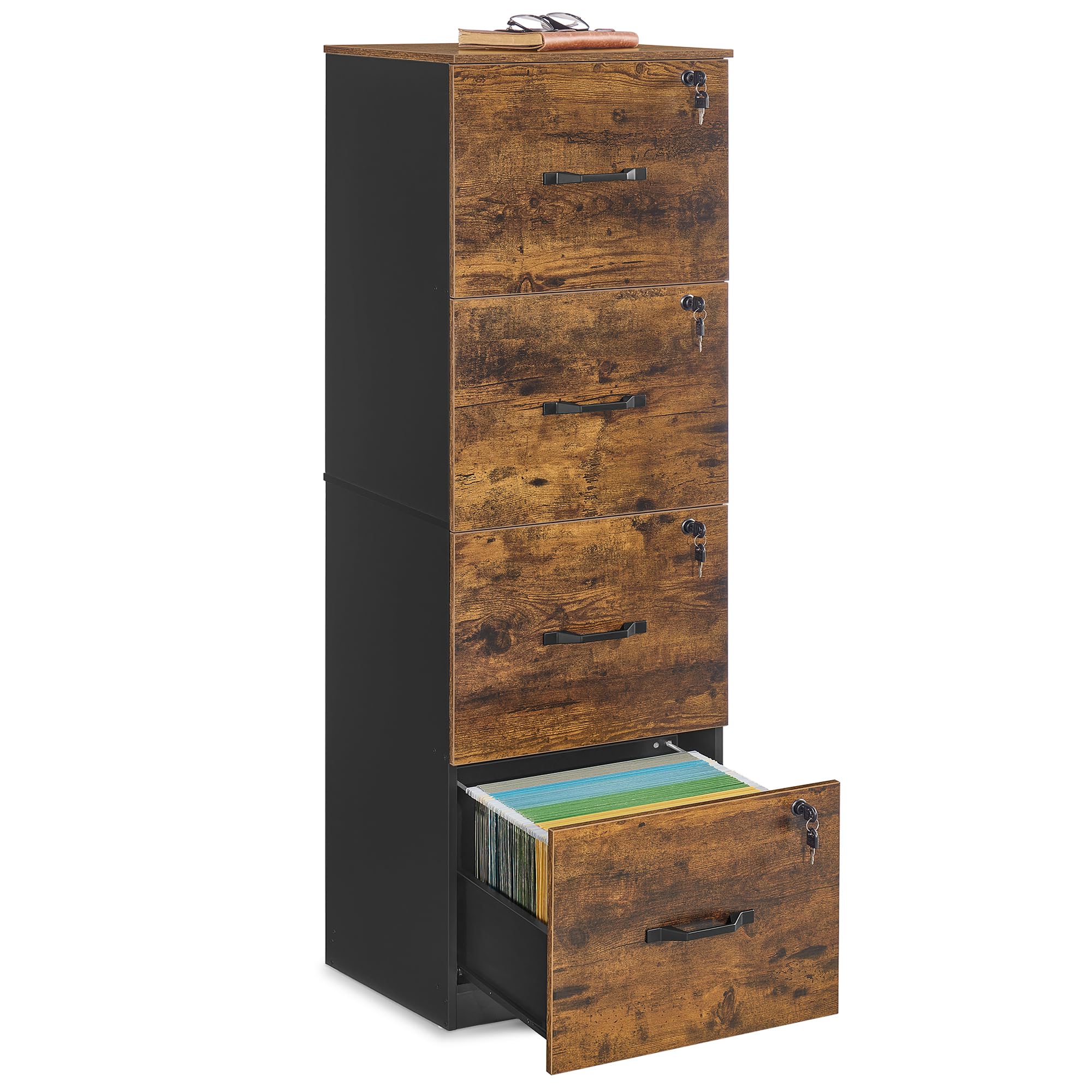 VASAGLE Vertical File Cabinet - 4 Lockable Drawers, Adjustable Rails for A4/Letter Files | Rustic Brown/Ink Black