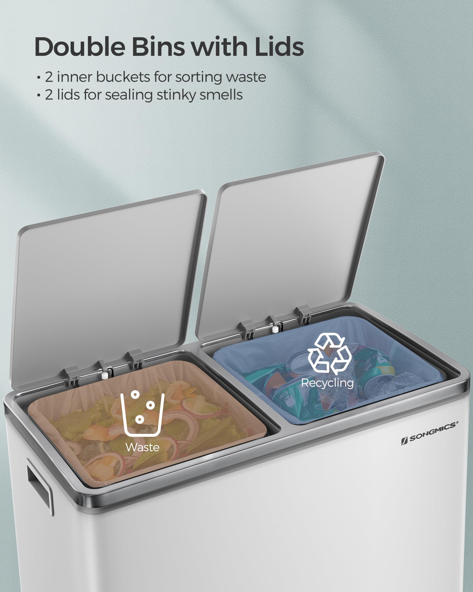 SONGMICS Dual Rubbish Bin - 2 Compartment Recycling Bin with Pedals | 2 x 30 L | White and Grey 3