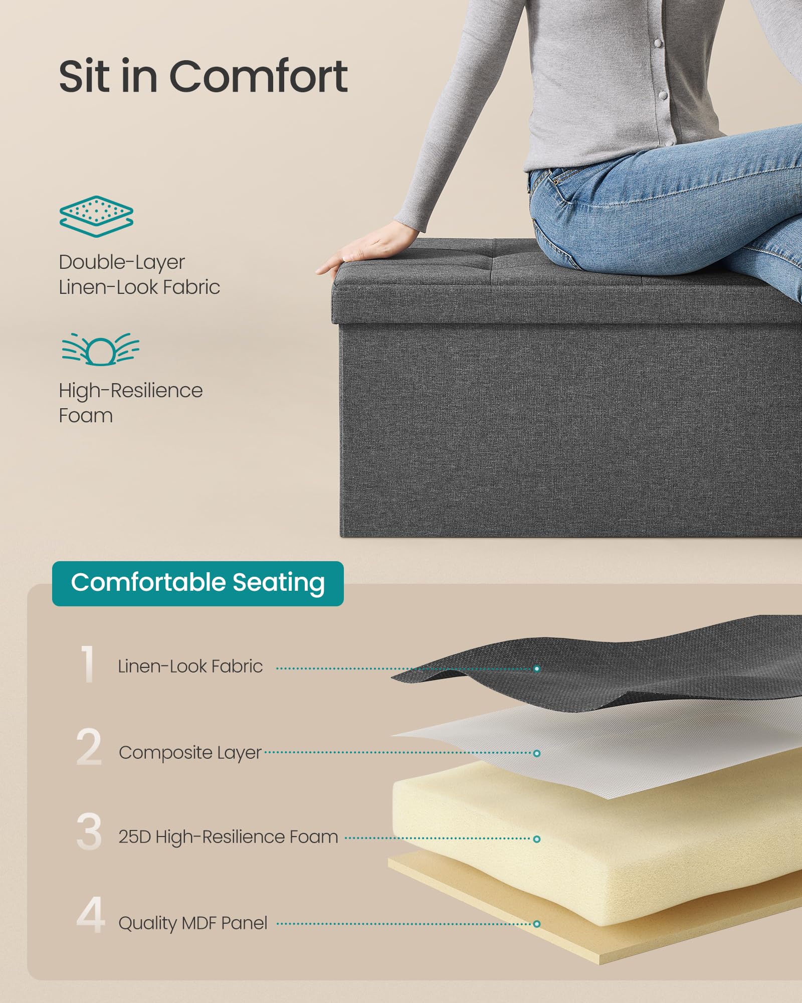 SONGMICS MAZIE Storage Ottoman Bench - 110 cm Folding Foot Rest | 300 kg Capacity | Dark Grey 6