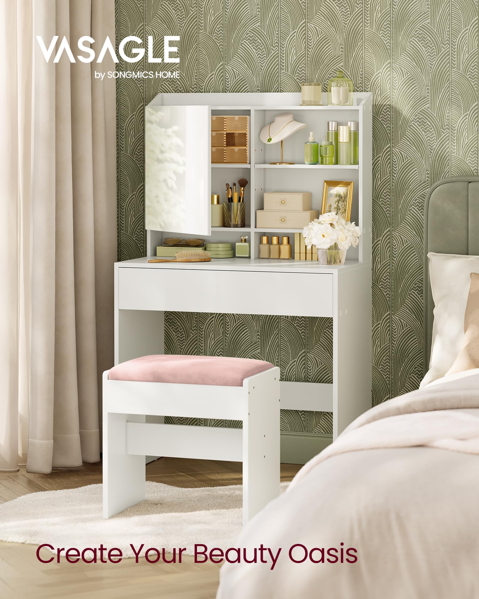 VASAGLE KAILYN Collection Dressing Table with Mirror | White | 40x70x136 cm 4