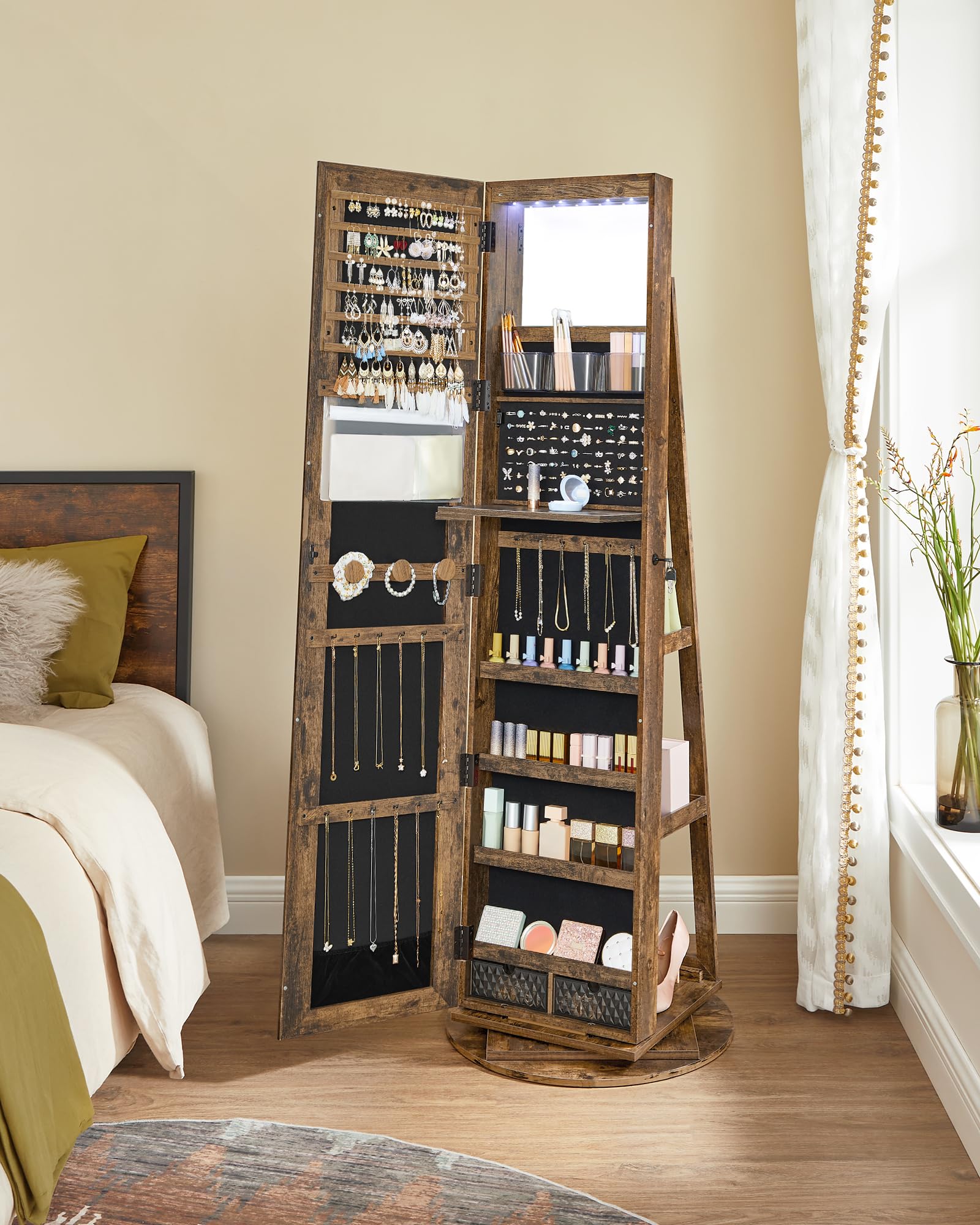 SONGMICS Lockable Full-Length Mirror Jewellery Cabinet - 6 LEDs, 360° Swivel, Rustic Brown | 54.5 x 162 cm 8