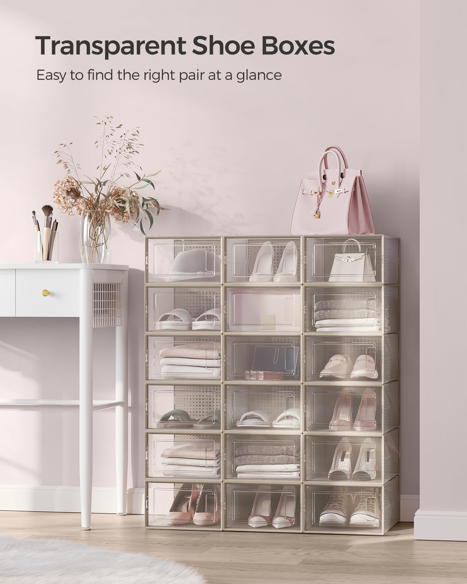 SONGMICS Shoe Boxes - Pack of 18 Stackable Organisers, Foldable, Transparent Body | Fits UK Size 9.5 3