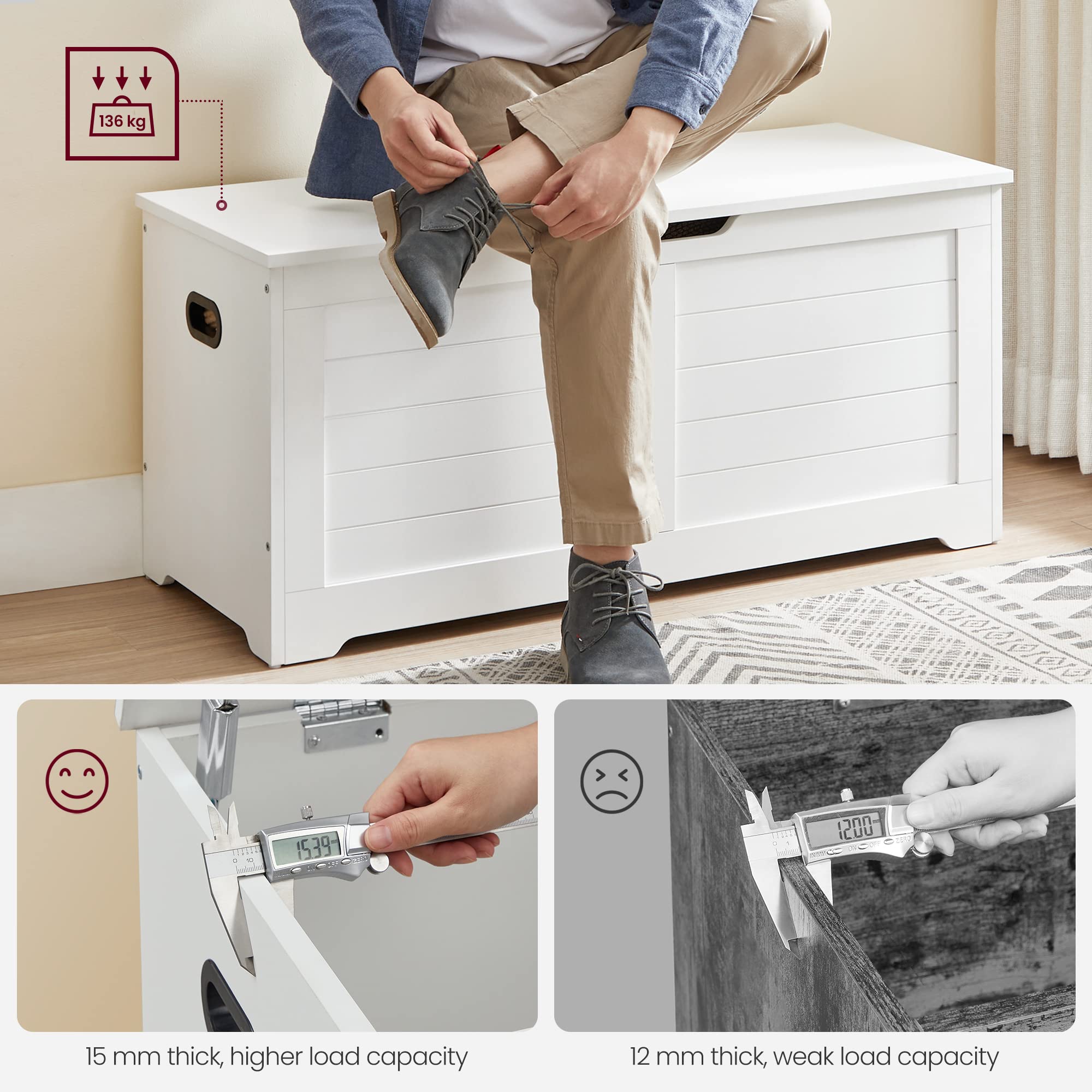 VASAGLE Storage Bench with 2 Safety Hinges | Matte White | 100cm Wide | 100kg Load Capacity 4