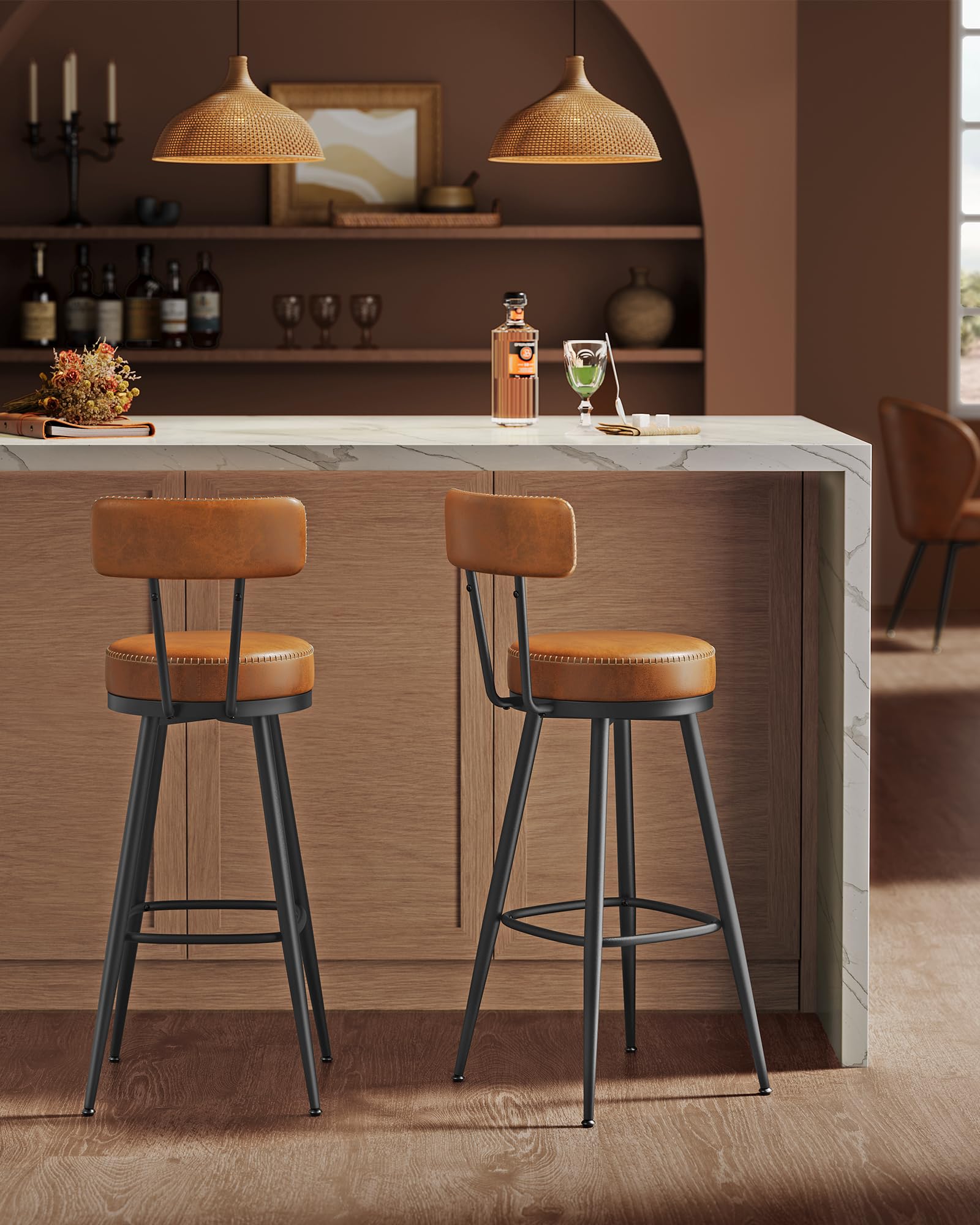 VASAGLE EKHO Collection Bar Stools - Set of 2 Swivel Counter Chairs | Caramel Brown | 57x57x101 cm 2