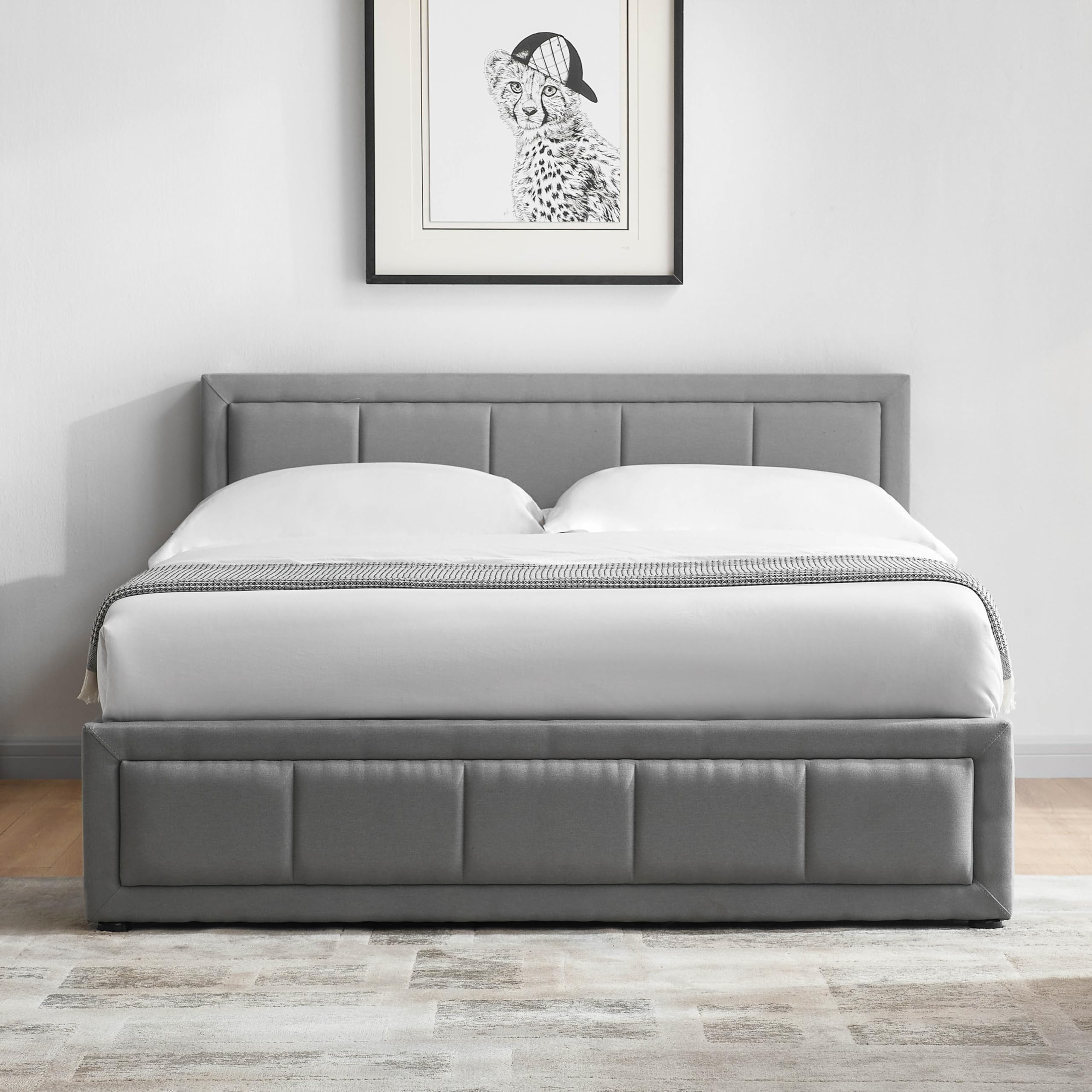 Vida Designs Vanita Double Fabric Bed Frame - Light Grey | Ottoman Storage | Linen Effect 3