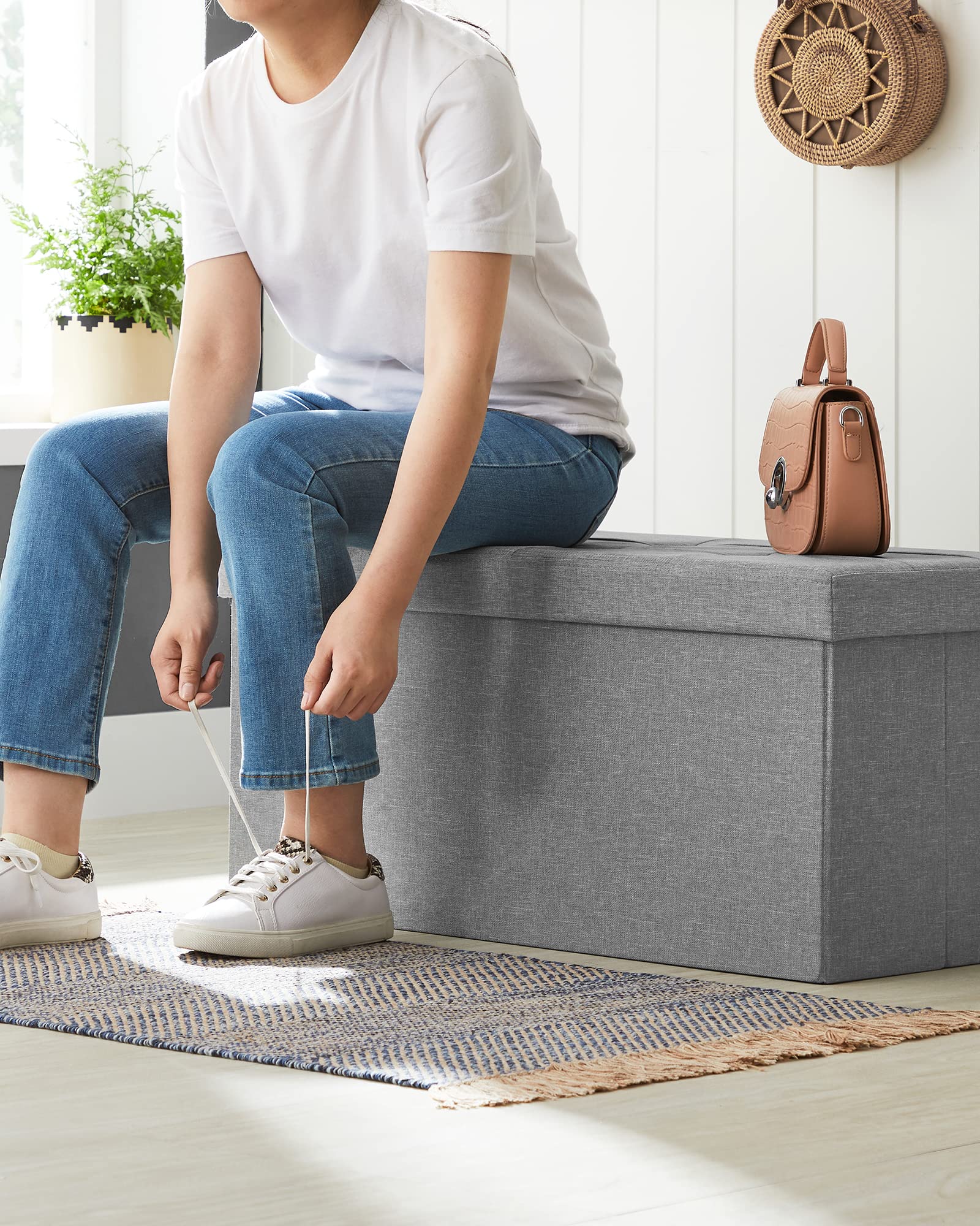 SONGMICS MAZIE Storage Ottoman Bench - 76 cm Folding Foot Rest | 300 kg Capacity | Light Grey 9