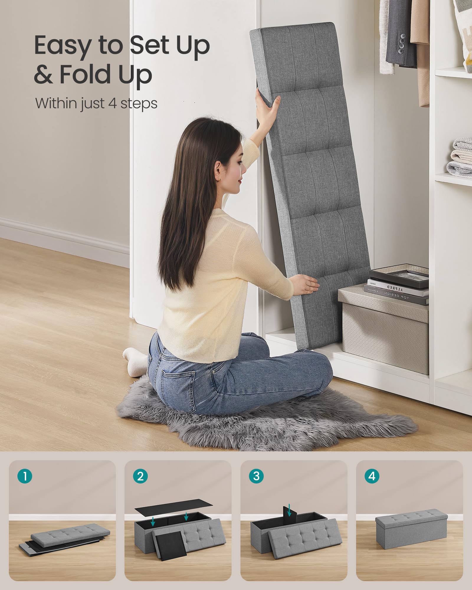 SONGMICS MAZIE Storage Ottoman Bench - 110 cm Folding Foot Rest | 131L Capacity | Light Grey 7