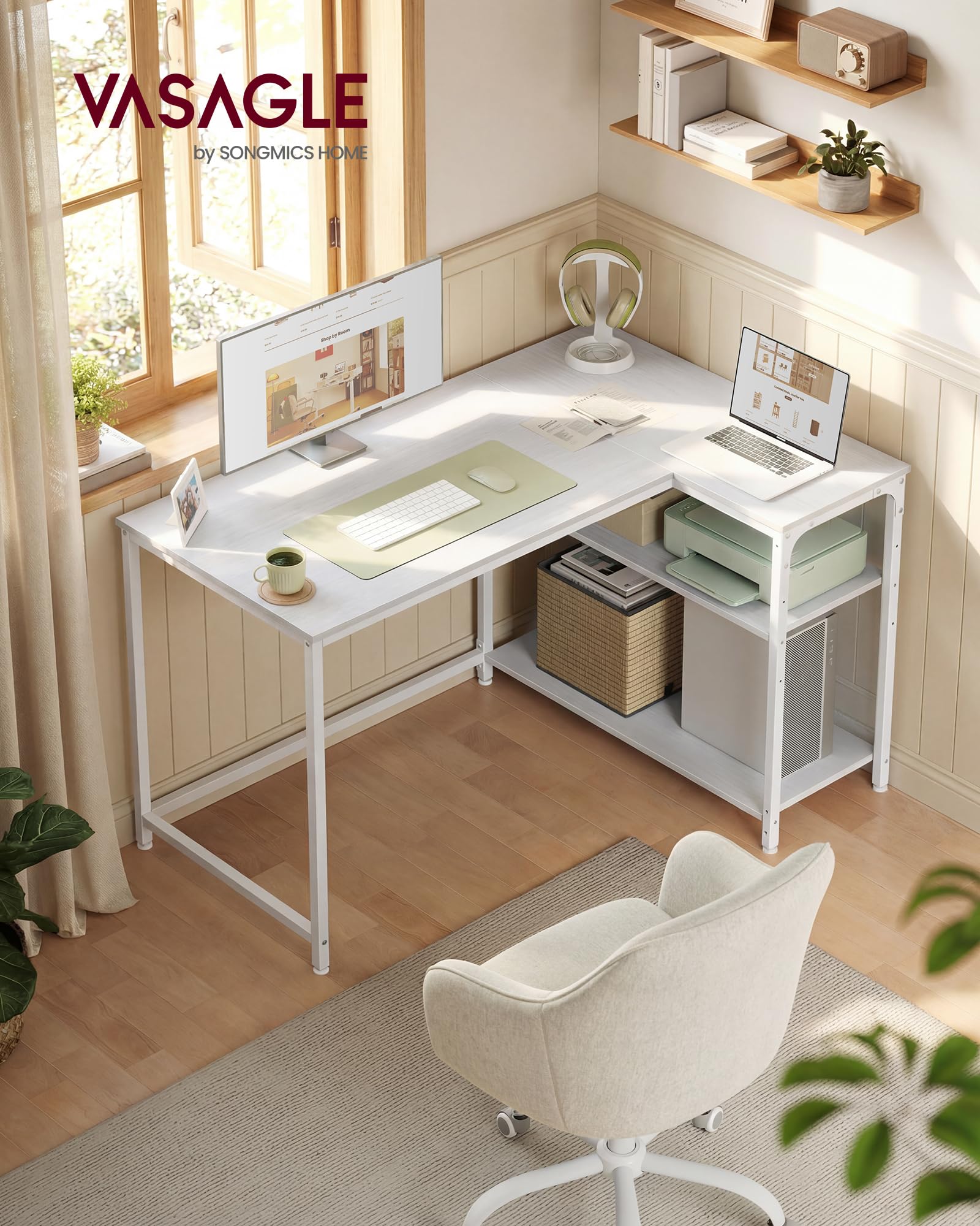 VASAGLE L Shaped Corner Desk - Reversible Storage | Maple White | 110 x 80 cm