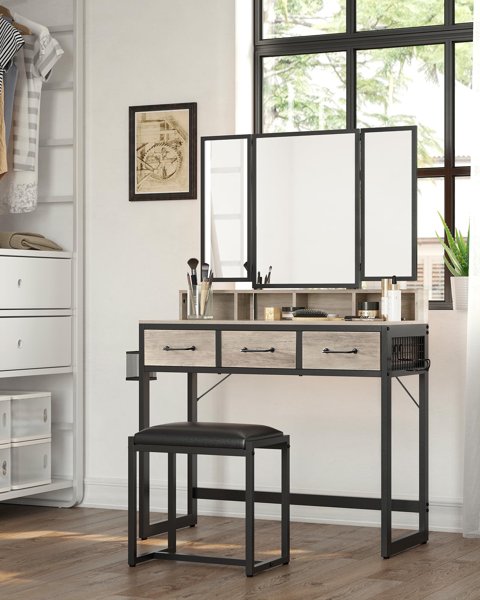 VASAGLE Industrial Design Dressing Table with 3-Piece Folding Mirror and Padded Stool | 3 Drawers | Greige/Black 3