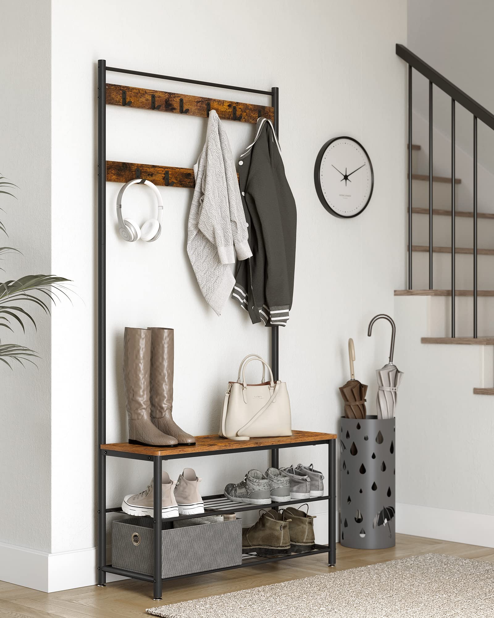 VASAGLE Coat Rack - 3-in-1 Hall Tree with Shoe Storage Bench | 9 Hooks | Rustic Brown & Black 9