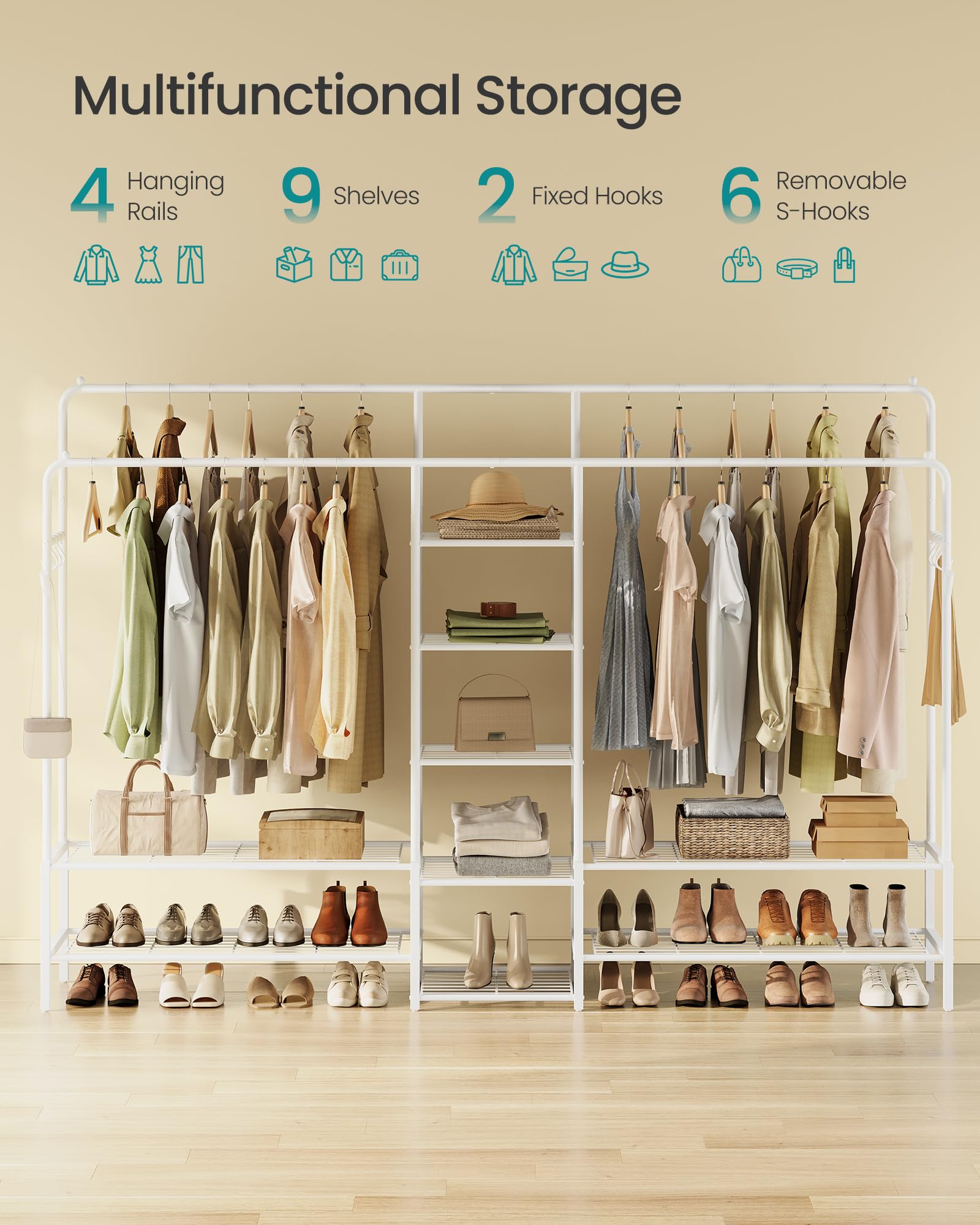 SONGMICS Open Wardrobe Clothes Rack - 4 Rails, 9 Shelves, 2 Hooks | White Alloy Steel 3
