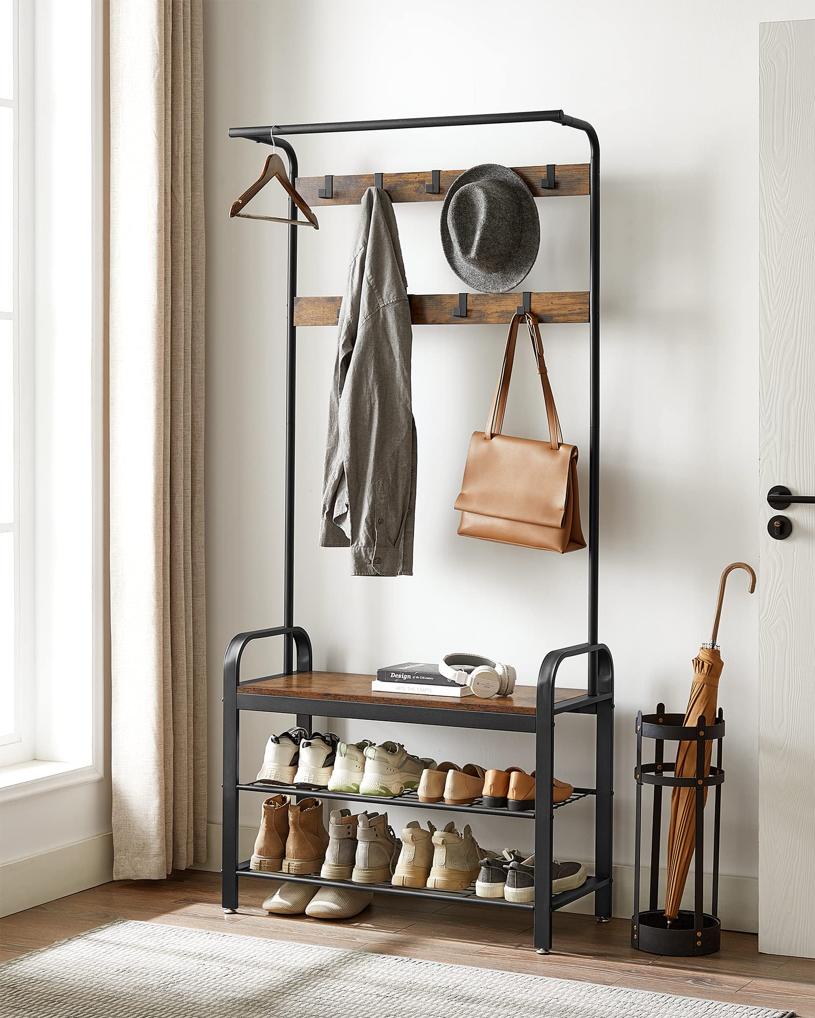 VASAGLE 4-in-1 Coat Rack with Shoe Storage Bench | 9 Removable Hooks | Rustic Brown/Black