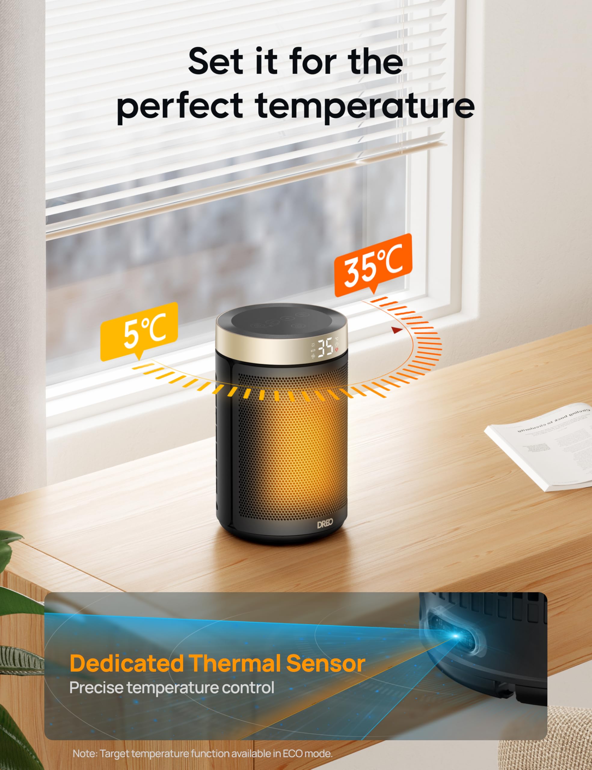 Dreo Electric Space Heater - 1500W, Silent Operation (34dB), Gold, Smart Thermostat Control 6